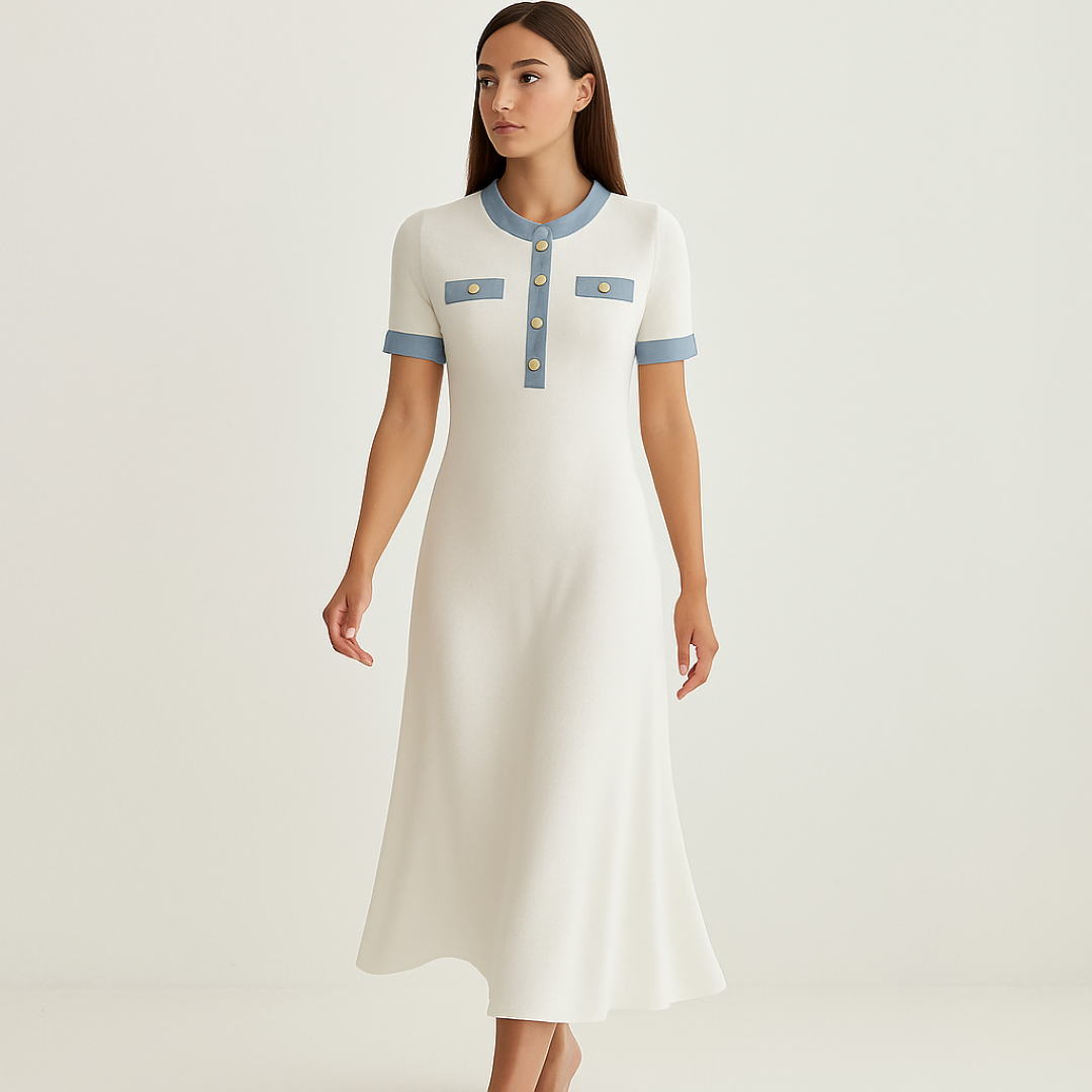 Lucia | Lang kjole i hvid strik med denim detaljer - - Lucia | Lang kjole i hvid strik med denim detaljer- €25 - {{ product_tags }