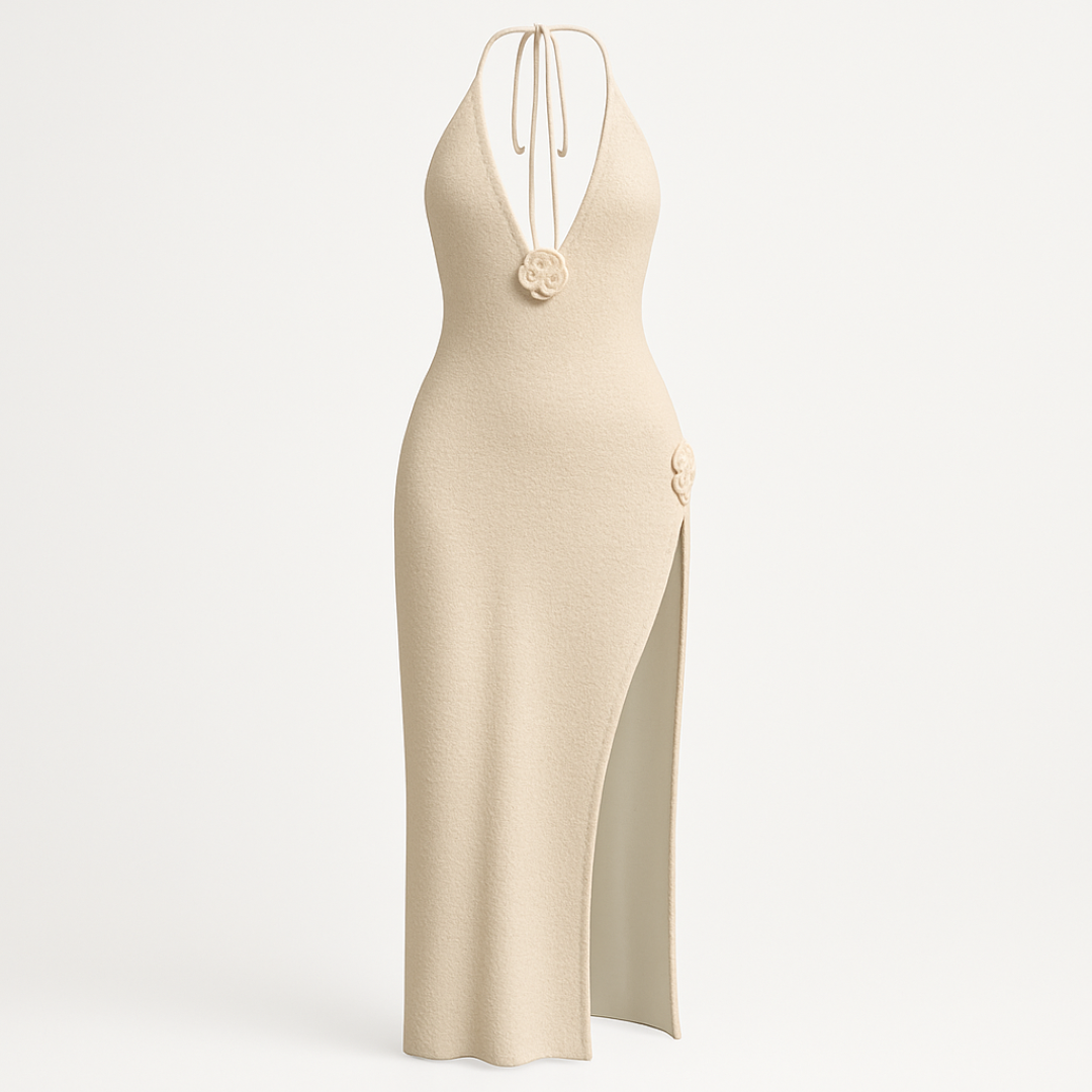 Isabella | Lang strik kjole med roset – Skulpturel elegance i blød creme - - women's fashion - {{ product_tags }