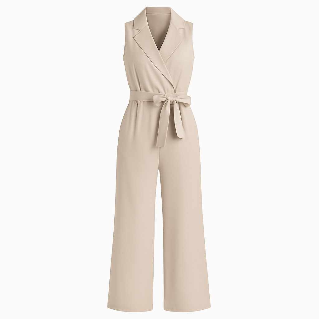 Sofia – Elegant ærmeløs jumpsuit med brede ben og bælte - Khaki - women's fashion - {{ product_tags }