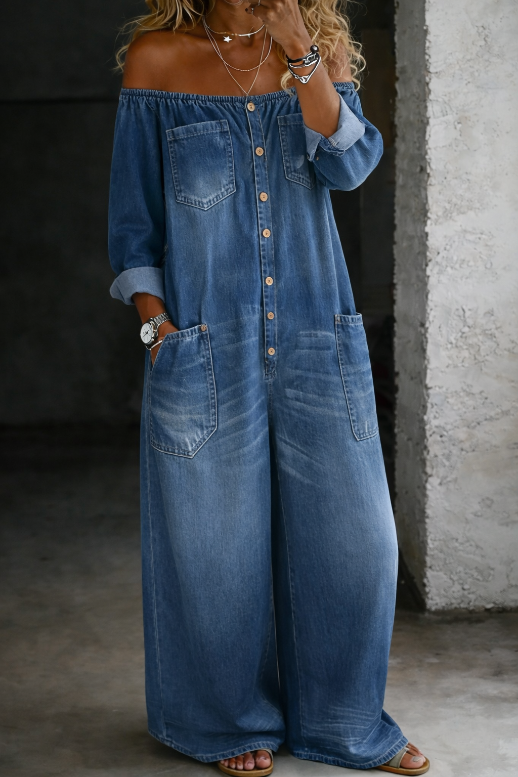 Elena | Off Shoulder Langærmet Jumpsuit