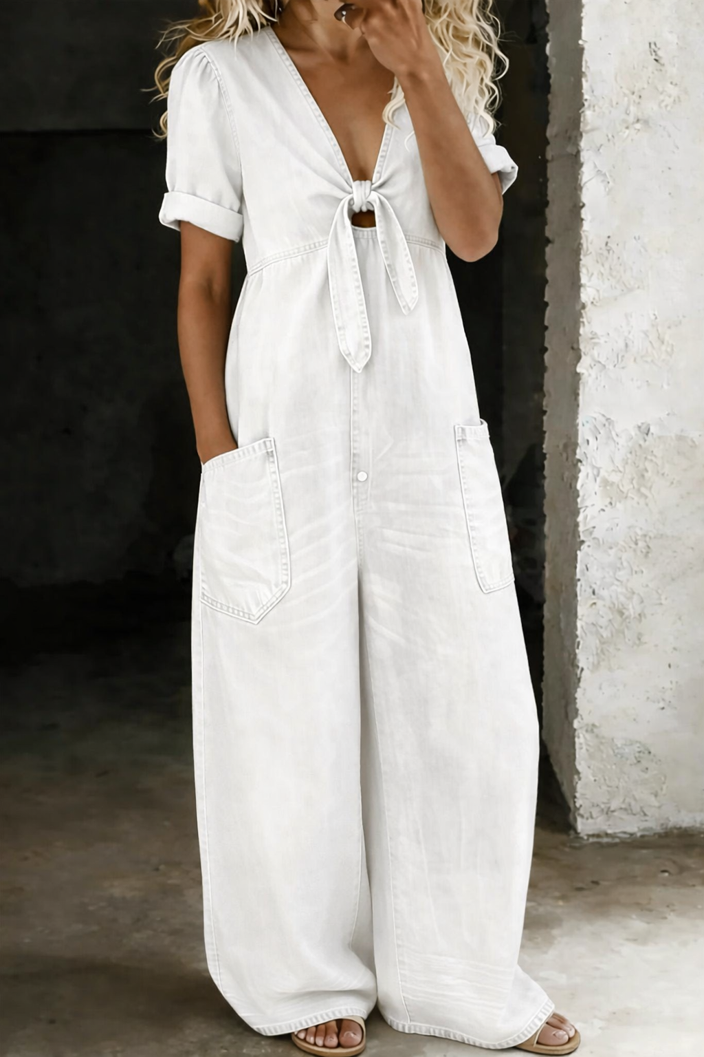Maya - Afslappet Denim Jumpsuit med Bindebånd Foran