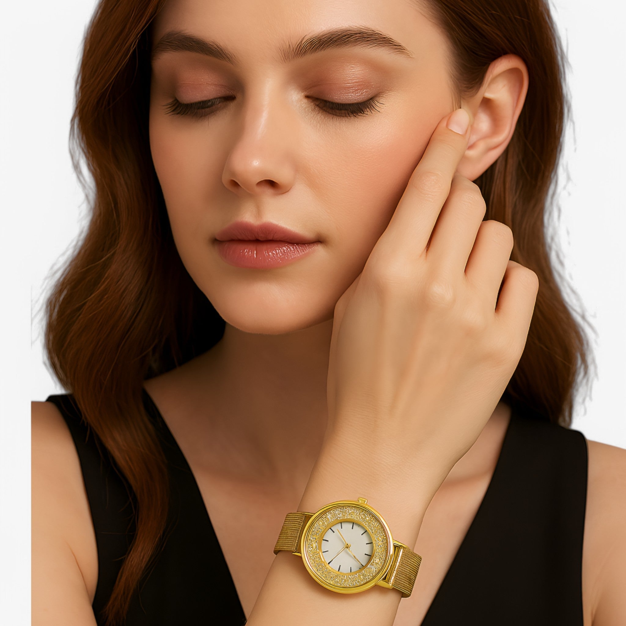 Amber | Dameur med guldfarvet mesh-rem og glitrende urskive med strass - - watches - {{ product_tags }
