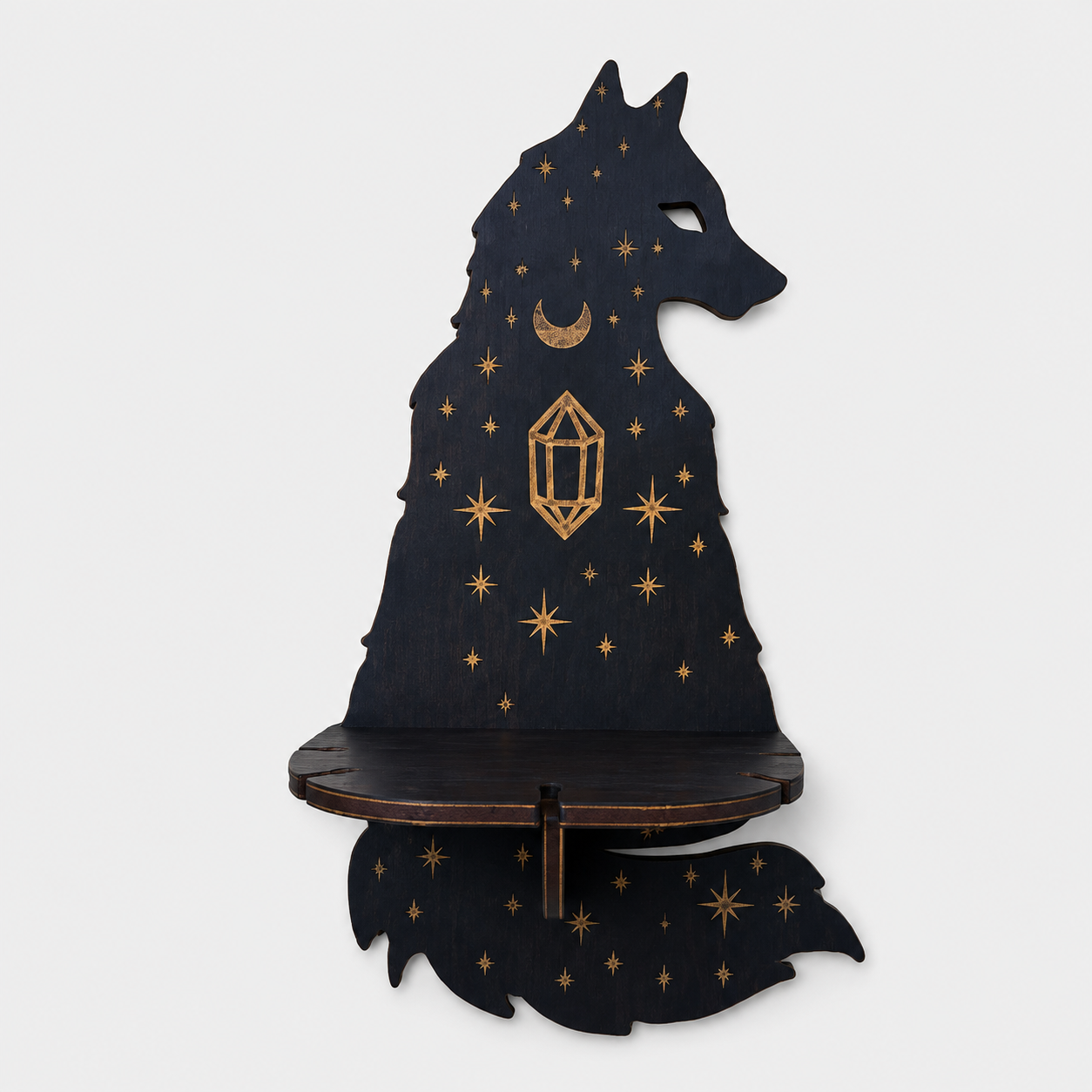 Trævægstage med Hylde - Mørkt Træ, Gulddetaljer & Mystiske Motiver - Ulv - Gifts – Seasonal – Halloween - {{ product_tags }