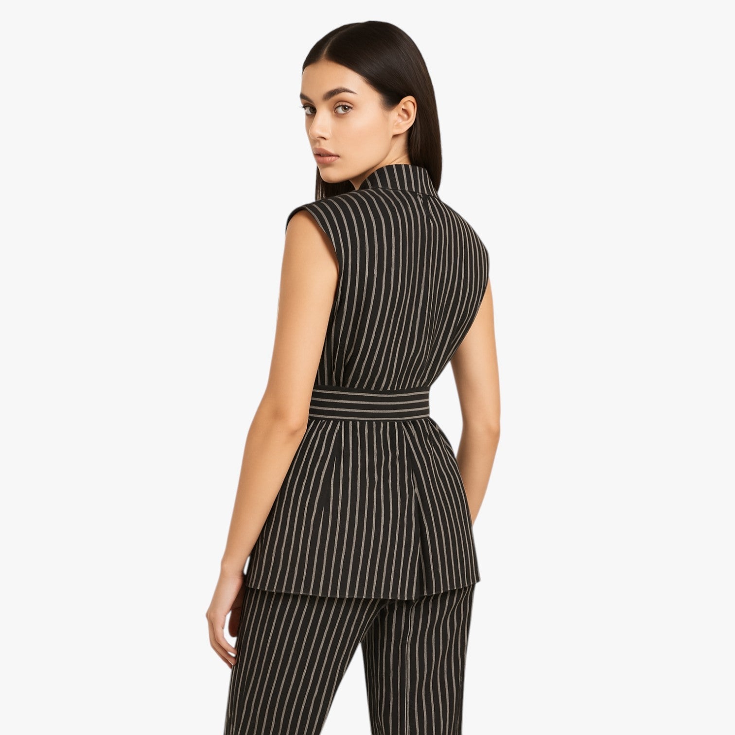 Claire | Løstsiddende stribet lang vest med bælte i bomuldsblanding - - Claire | Løstsiddende stribet lang vest med bælte i bomuldsblanding - €25 - {{ product_tags }