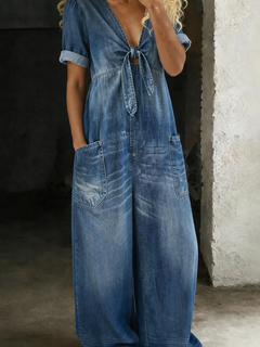 Maya - Afslappet Denim Jumpsuit med Bindebånd Foran