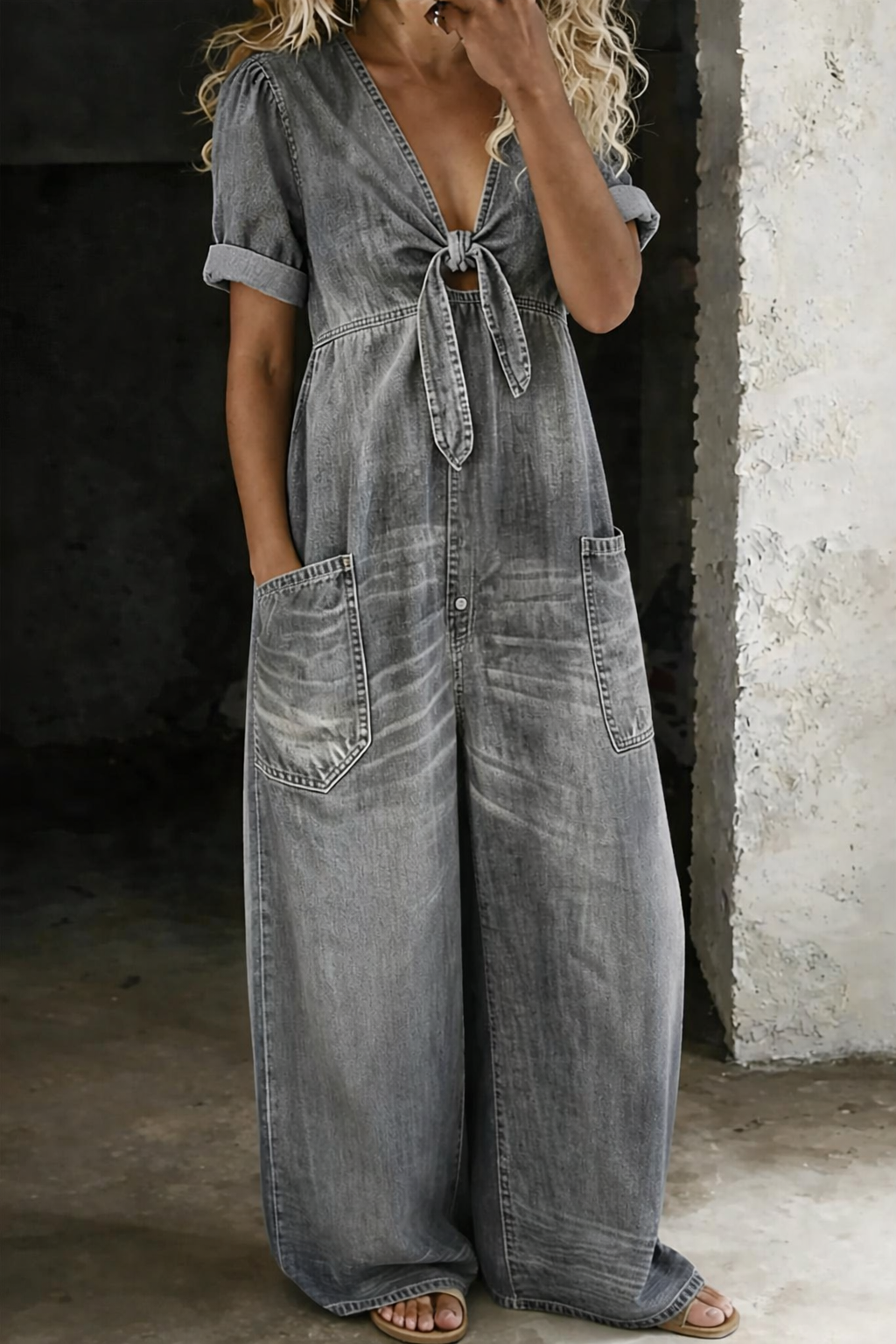 Maya - Afslappet Denim Jumpsuit med Bindebånd Foran