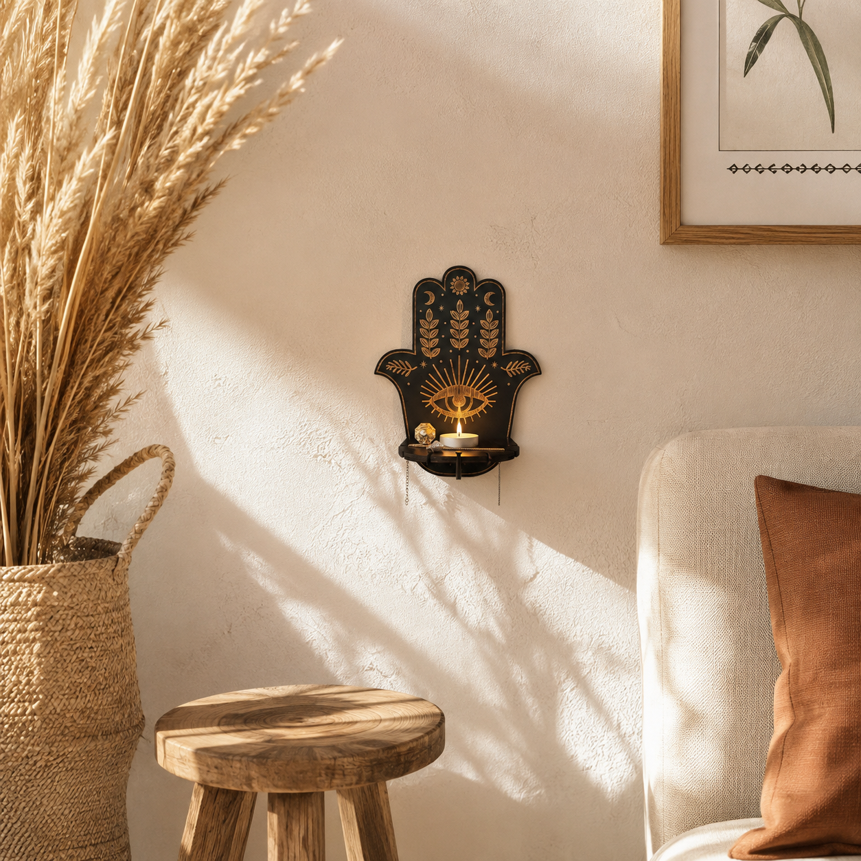 Trævægstage med Hylde - Mørkt Træ, Gulddetaljer & Mystiske Motiver - - Gifts – Seasonal – Halloween - {{ product_tags }