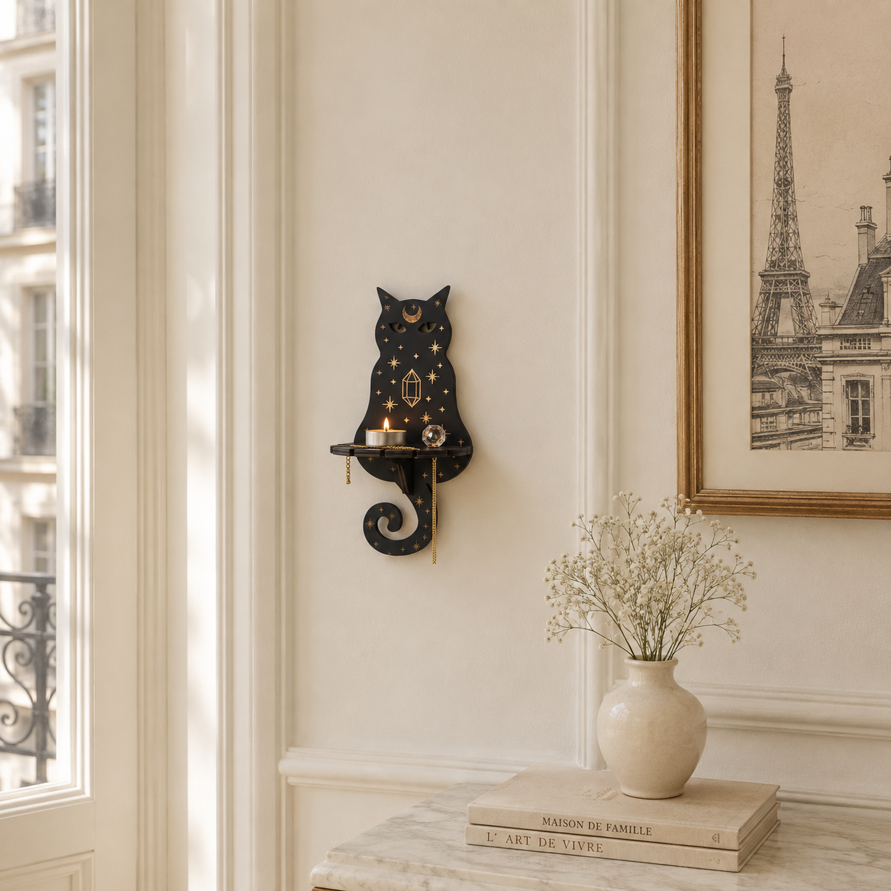 Trævægstage med Hylde - Mørkt Træ, Gulddetaljer & Mystiske Motiver - - Gifts – Seasonal – Halloween - {{ product_tags }