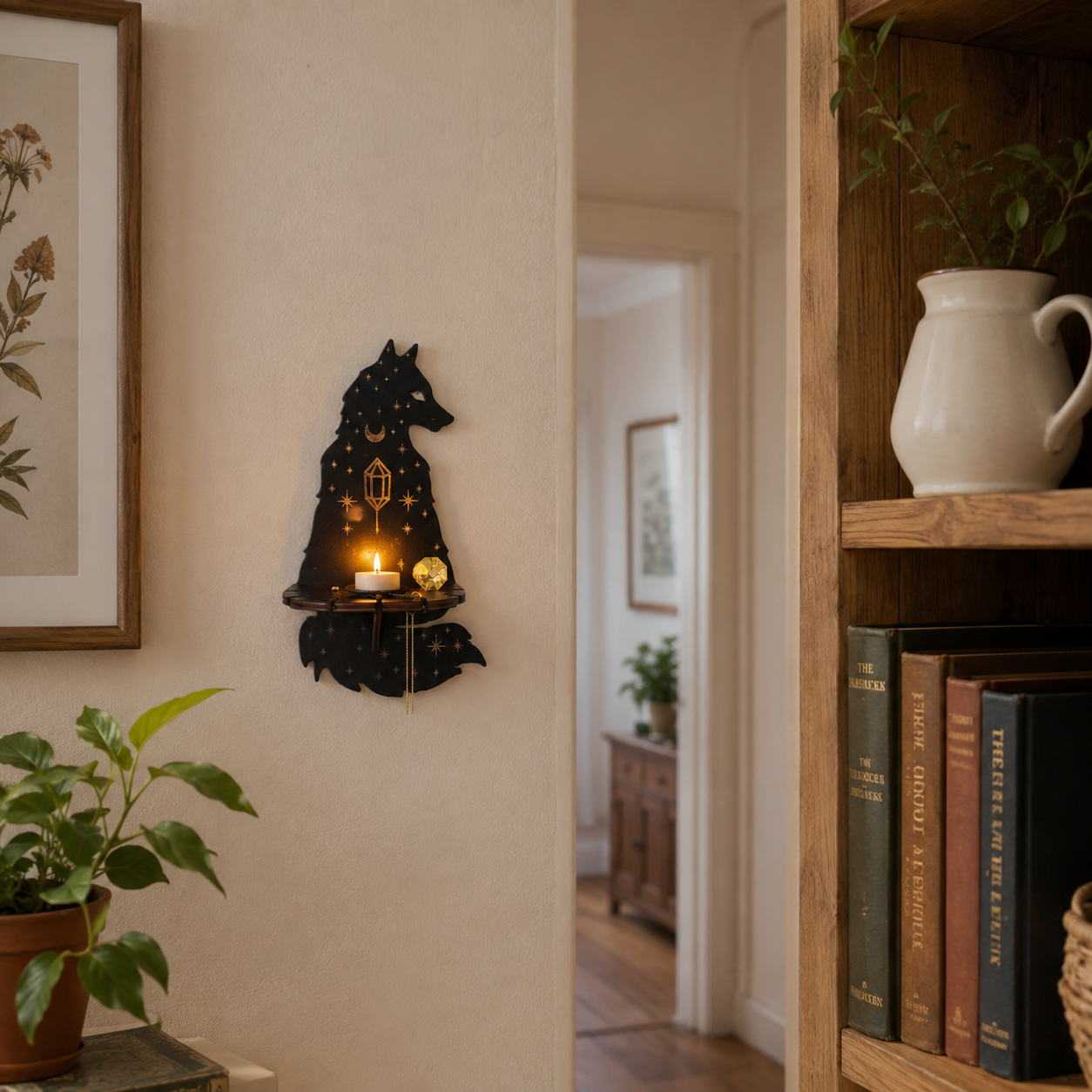 Trævægstage med Hylde - Mørkt Træ, Gulddetaljer & Mystiske Motiver - - Gifts – Seasonal – Halloween - {{ product_tags }