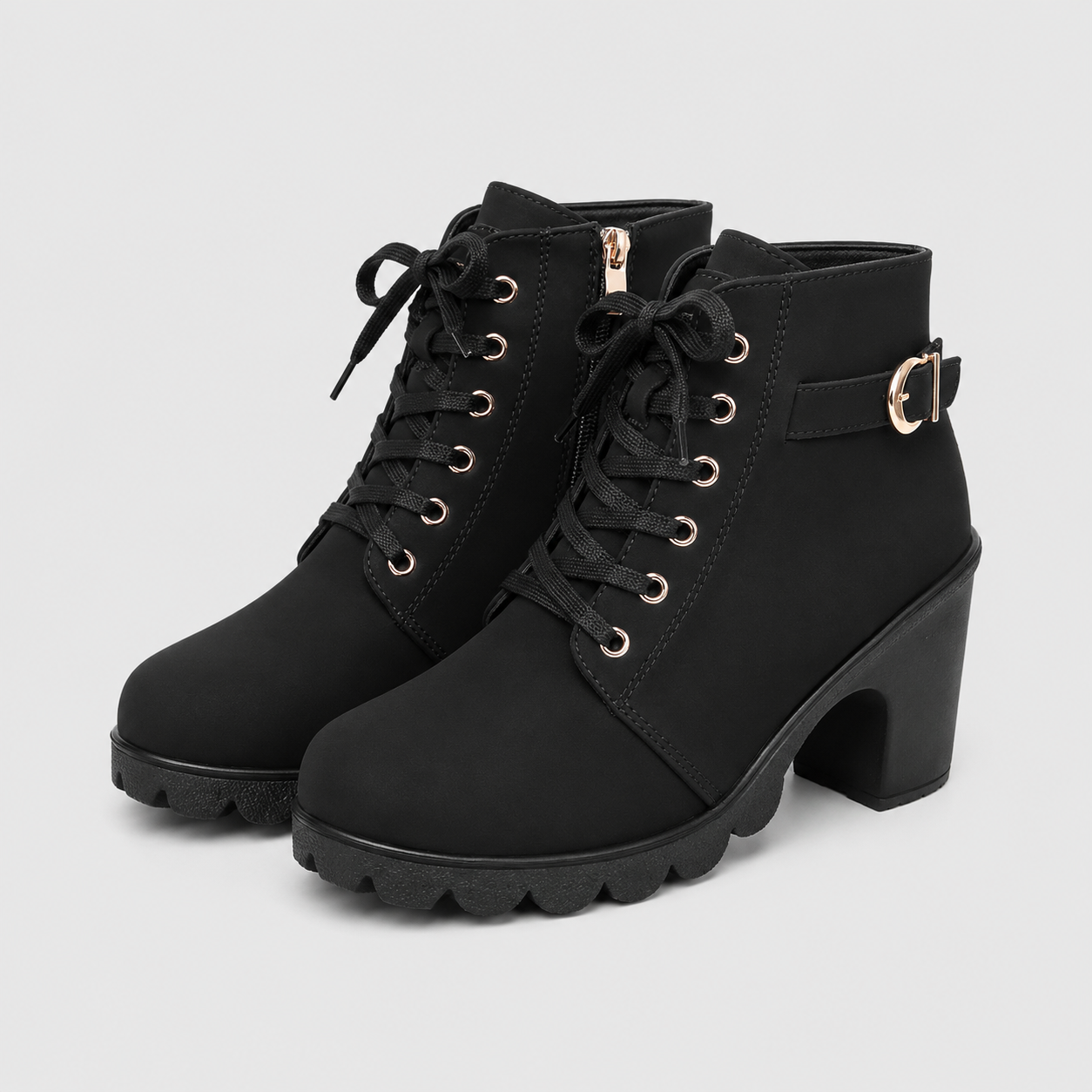 Dame Ankelstøvler med Blokhæl, Snørebånd og Lynlås-Komfort - Sort - AS - Womens - Boots - {{ product_tags }