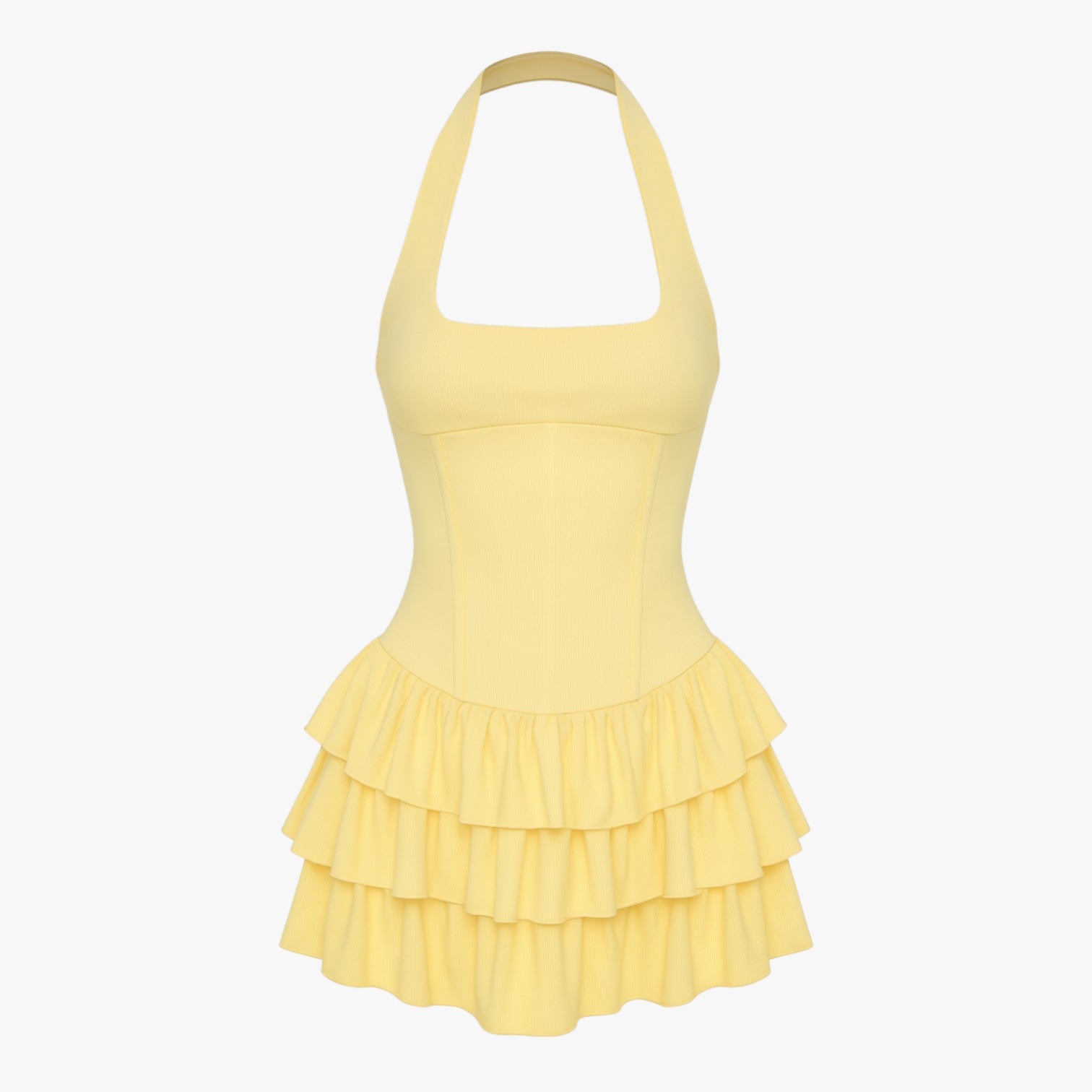Selena | Asymmetrisk sommerkjole med halterneck og flæsekant - ald25309-gul - Selena | Asymmetrisk sommerkjole med halterneck og flæsekant- €25 - {{ product_tags }