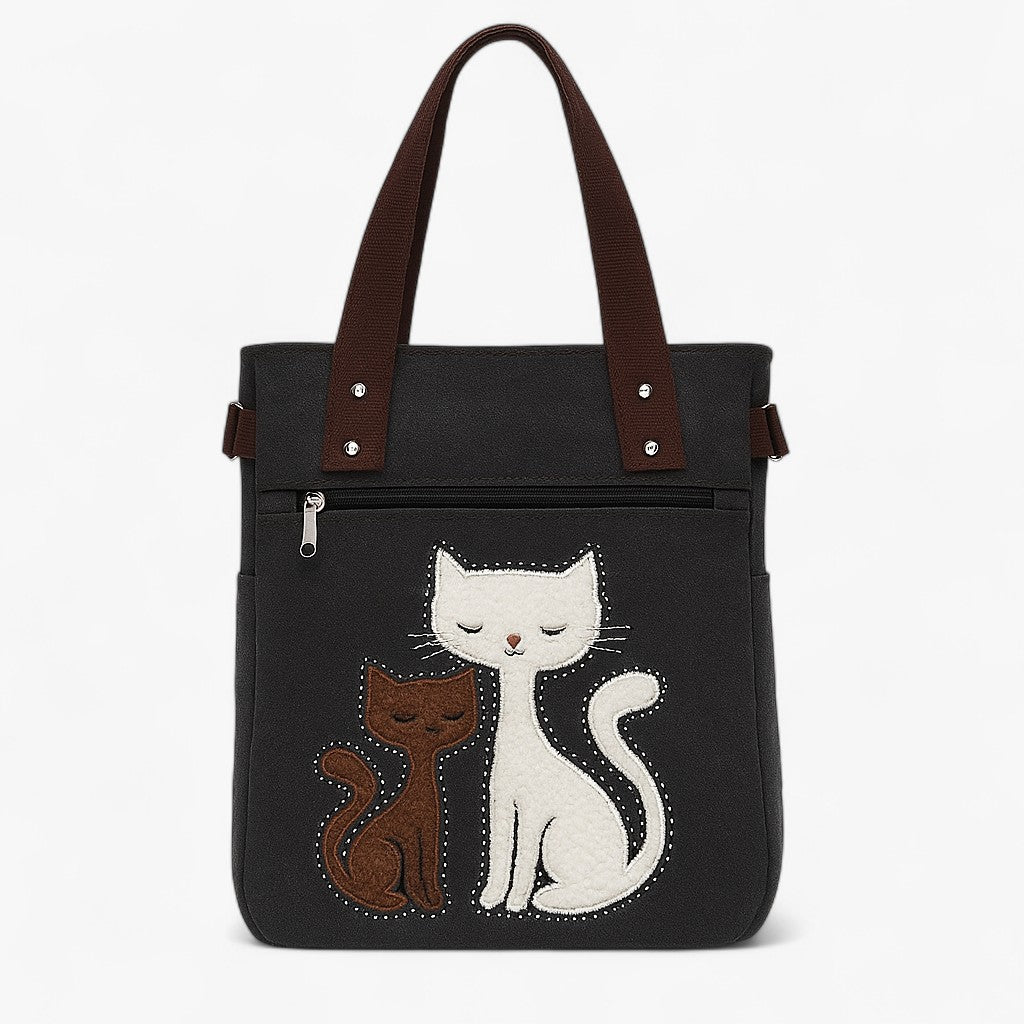 Broderet kat-taske i lærred - Sort - bags - {{ product_tags }