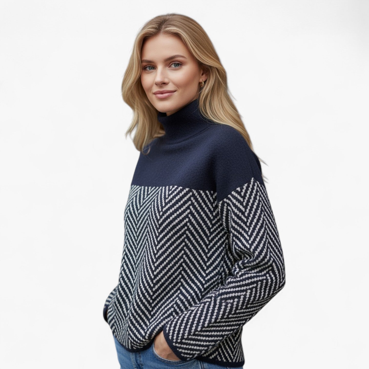Ella | Dame Striktrøje med Høj Krave og Mønster - - Sweatre - {{ product_tags }
