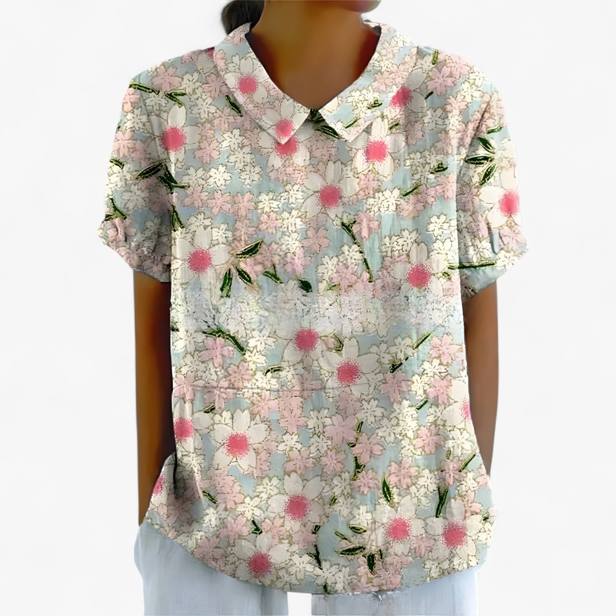 Sarah | Trykt Skjorte - Hvid med blå blomster - women's fashion - {{ product_tags }