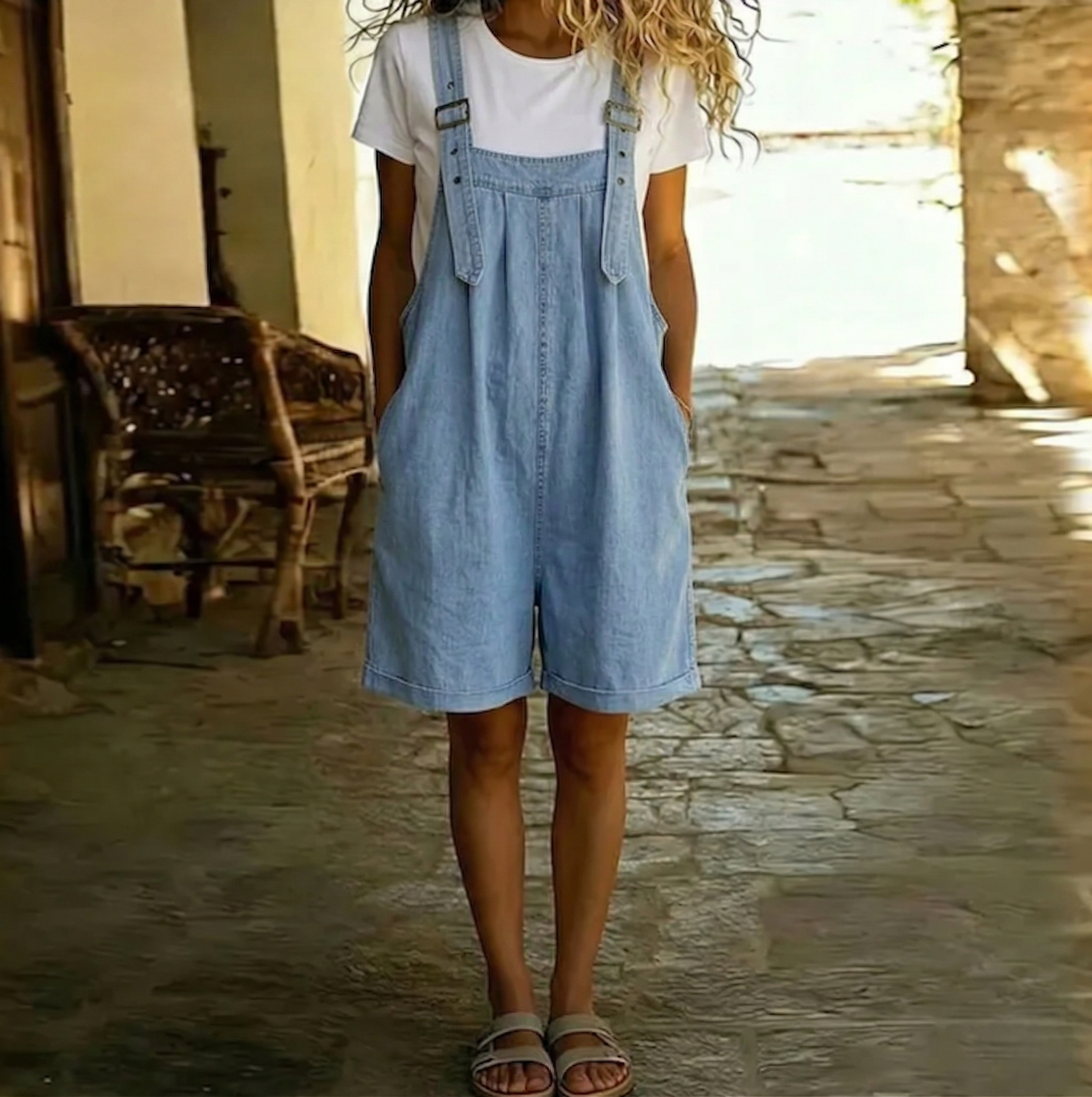 Michelle - Vintage Vasket Blød Bomuldsfølelse Denim Kort Overall Lyseblå