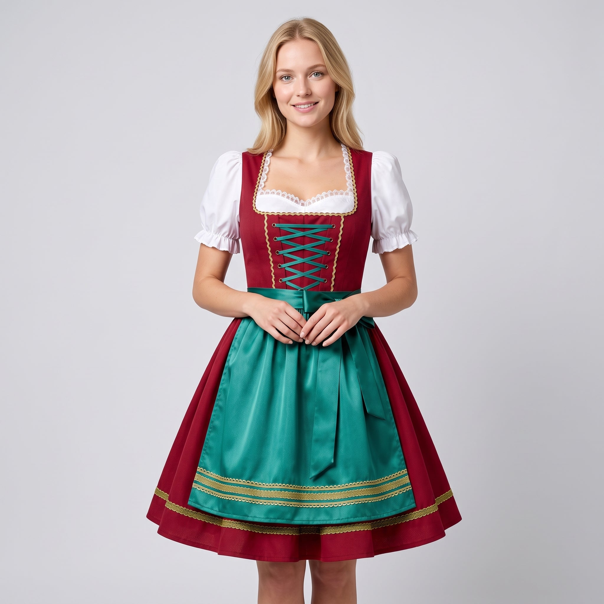 Oktoberfest kjole til dame i rød-grøn, traditionel stil med forklæde - - Gifts – Seasonal – Oktoberfest - {{ product_tags }