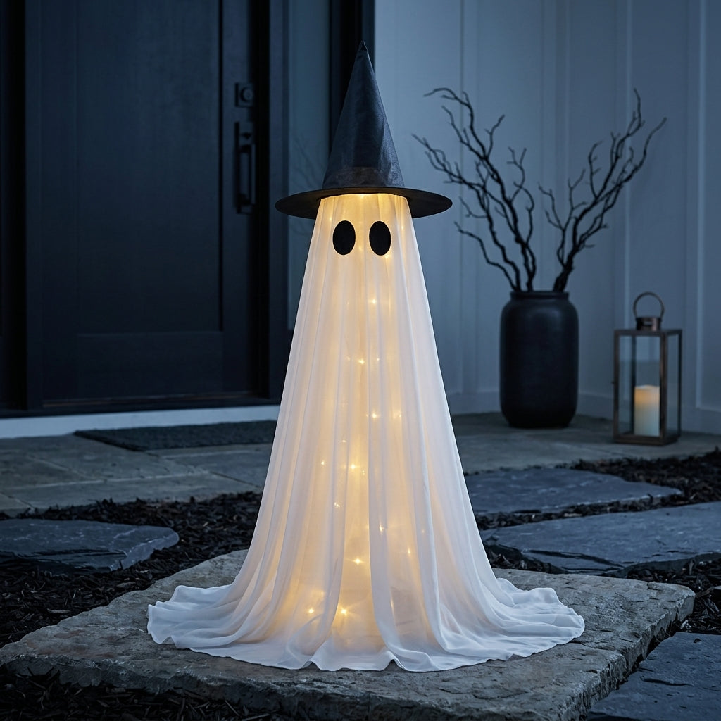 Lysende Spøgelse med Heksehat - LED Halloween-dekoration