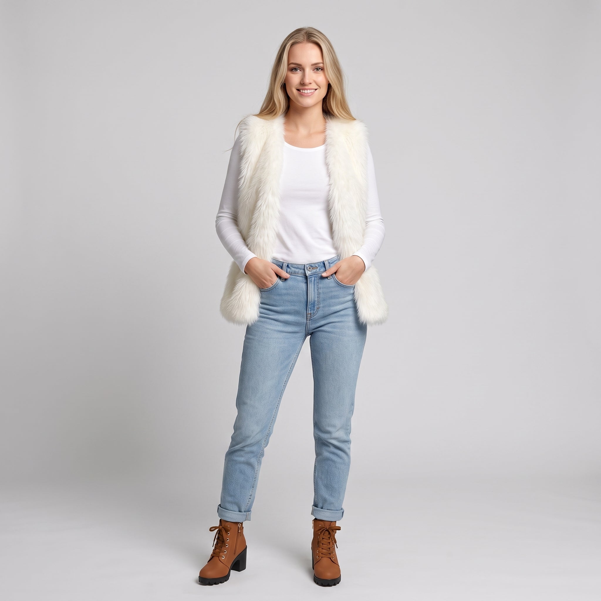 Dame Faux Pelsvest - Åben Front, Løs Pasform og Varm - - AS - Womens - Top - {{ product_tags }