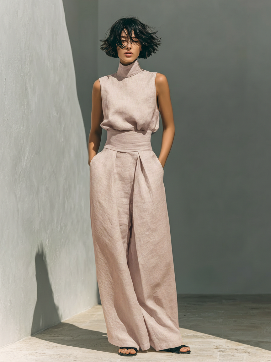 Maria™ | Complete set with tank top and wide cotton and linen pants - Light Pink - - {{ product_tags }