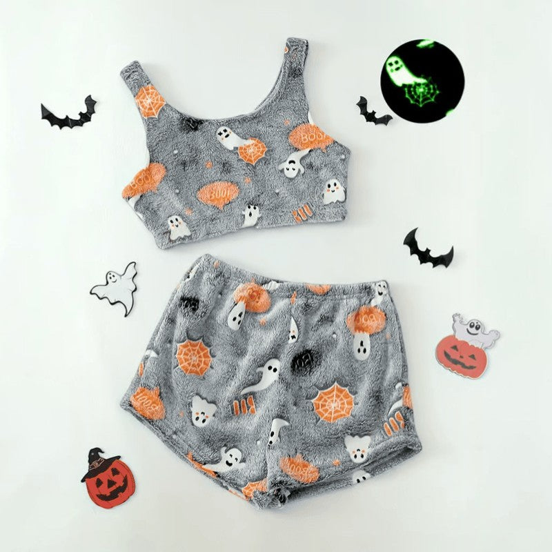 Pyjamasæt til Halloween - Grå/orange med glødende spøgelser - - Gifts – Seasonal – Halloween - {{ product_tags }