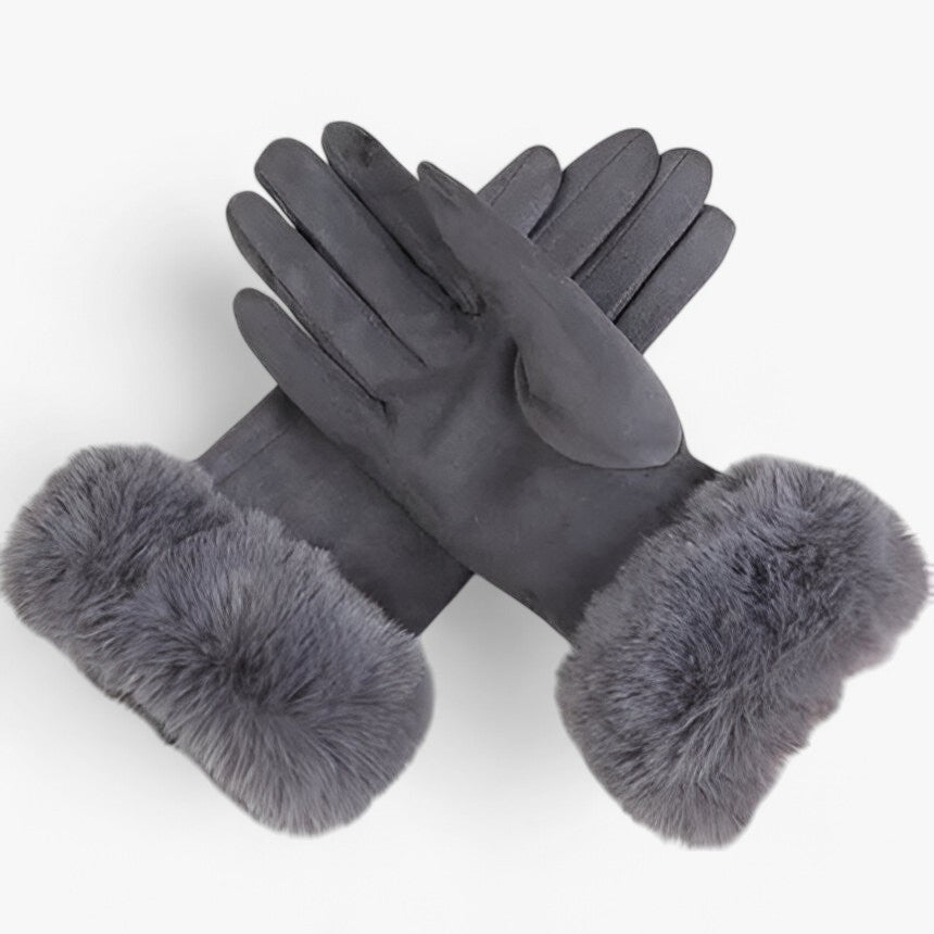 Helena | Varme Suede Touchscreen Handsker med imiteret pels - Grå Én størrelse - winter - {{ product_tags }