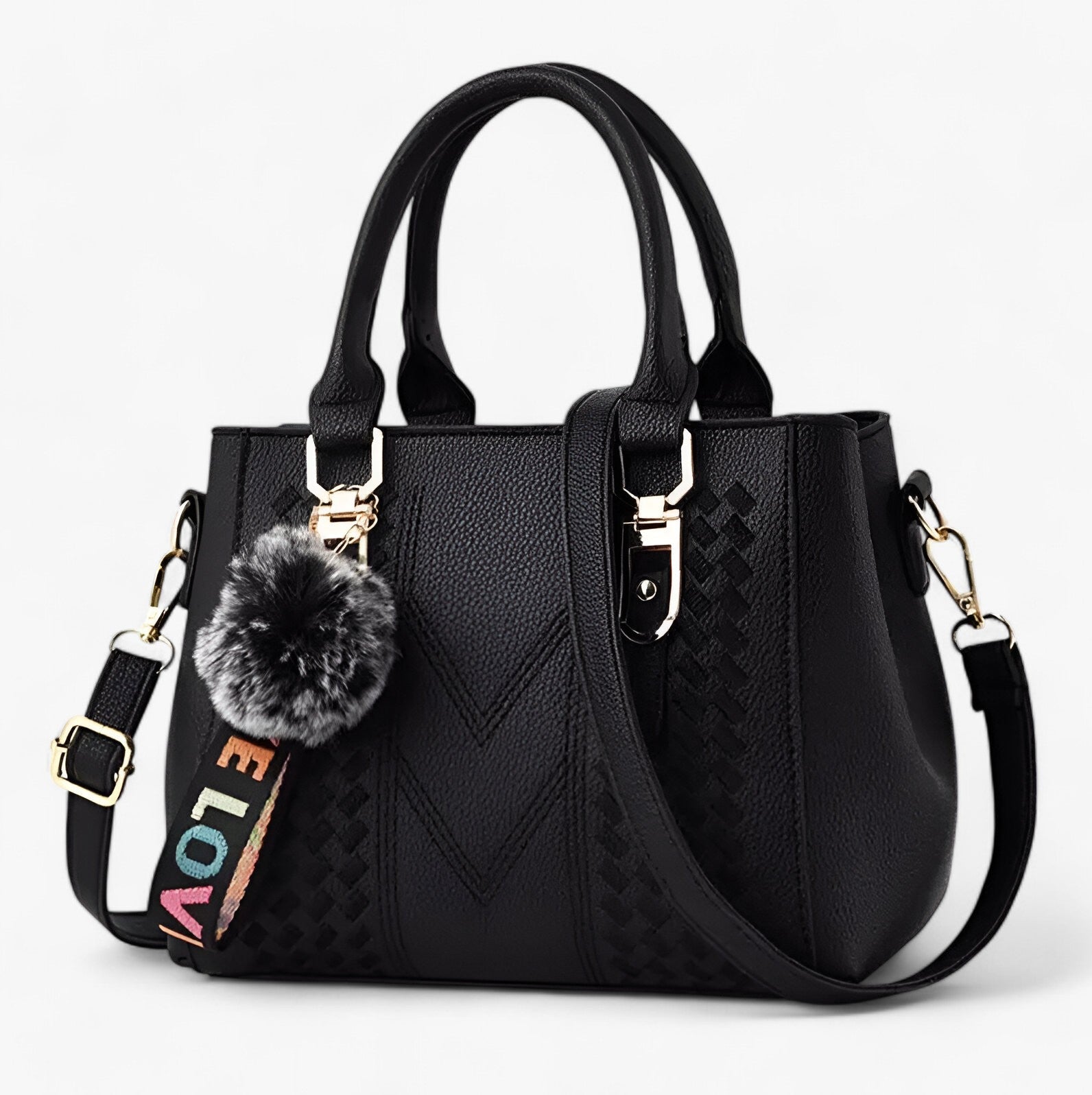 Lena | Stilfuld læder-messenger taske med blød pompon - sort - Lena | Stilfuld læder-messenger taske med blød pompon- €25 - {{ product_tags }