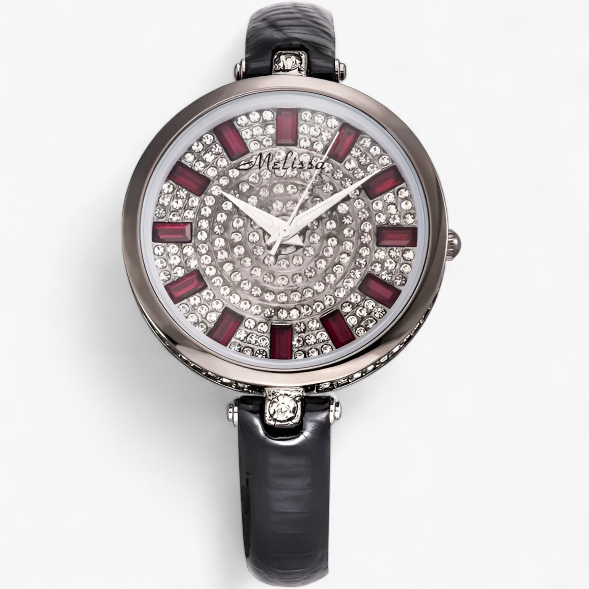 Melissa | Luksus quartz ur med læderrem og krystaller - Sort - watches - {{ product_tags }