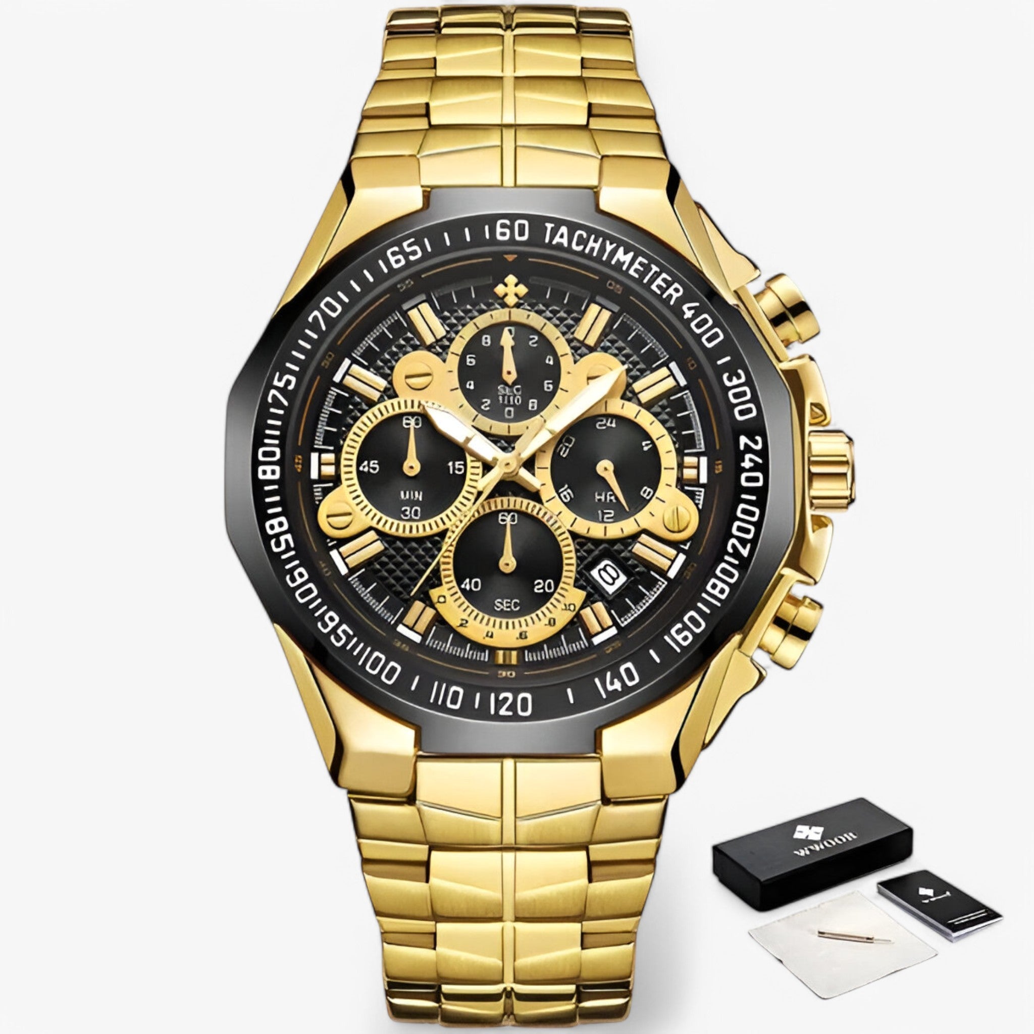 Lucien | Militært kronografur lavet af stål - sort guld med æske - watches - {{ product_tags }