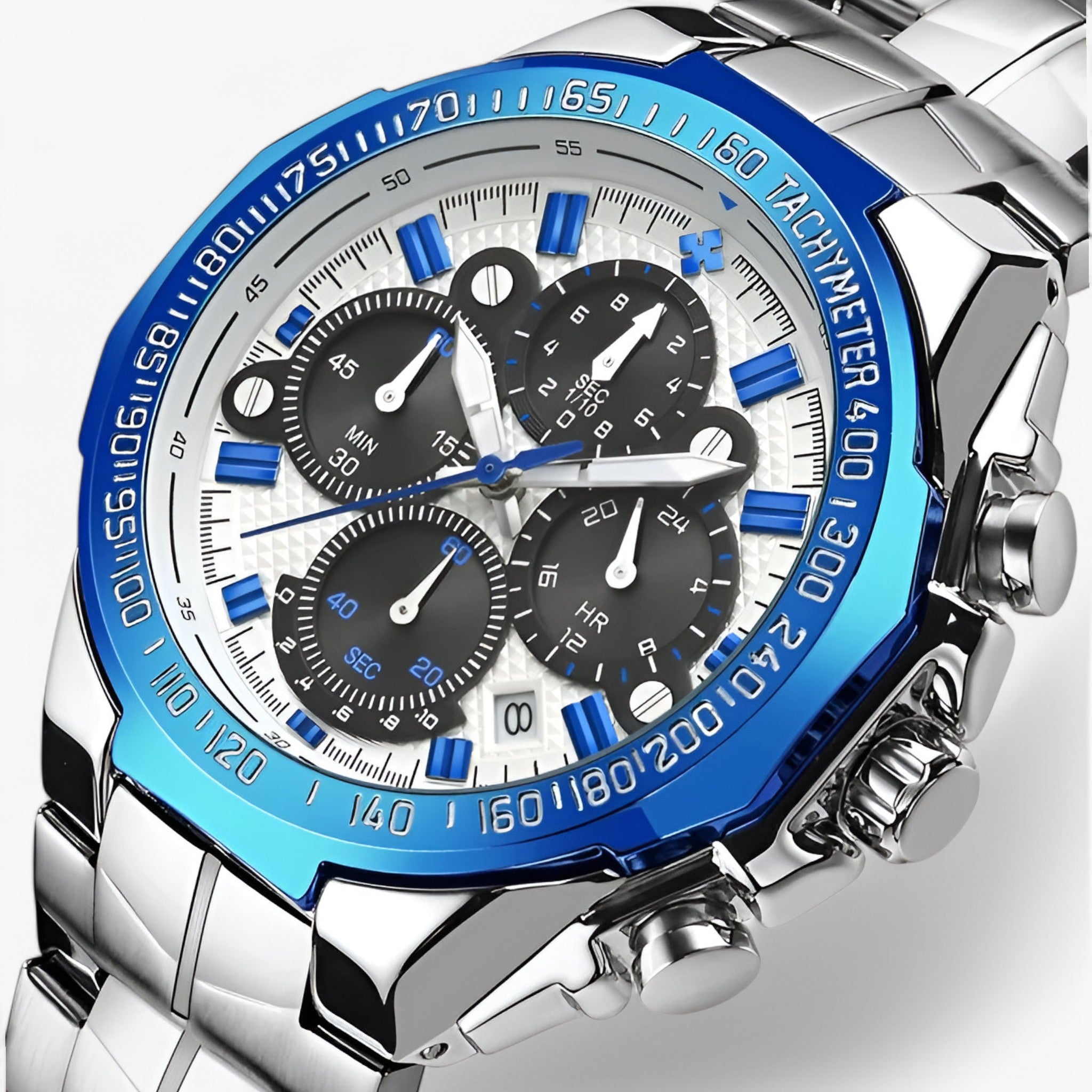 Adrian | Luksus sort stål sportsur - blå hvid - watches - {{ product_tags }