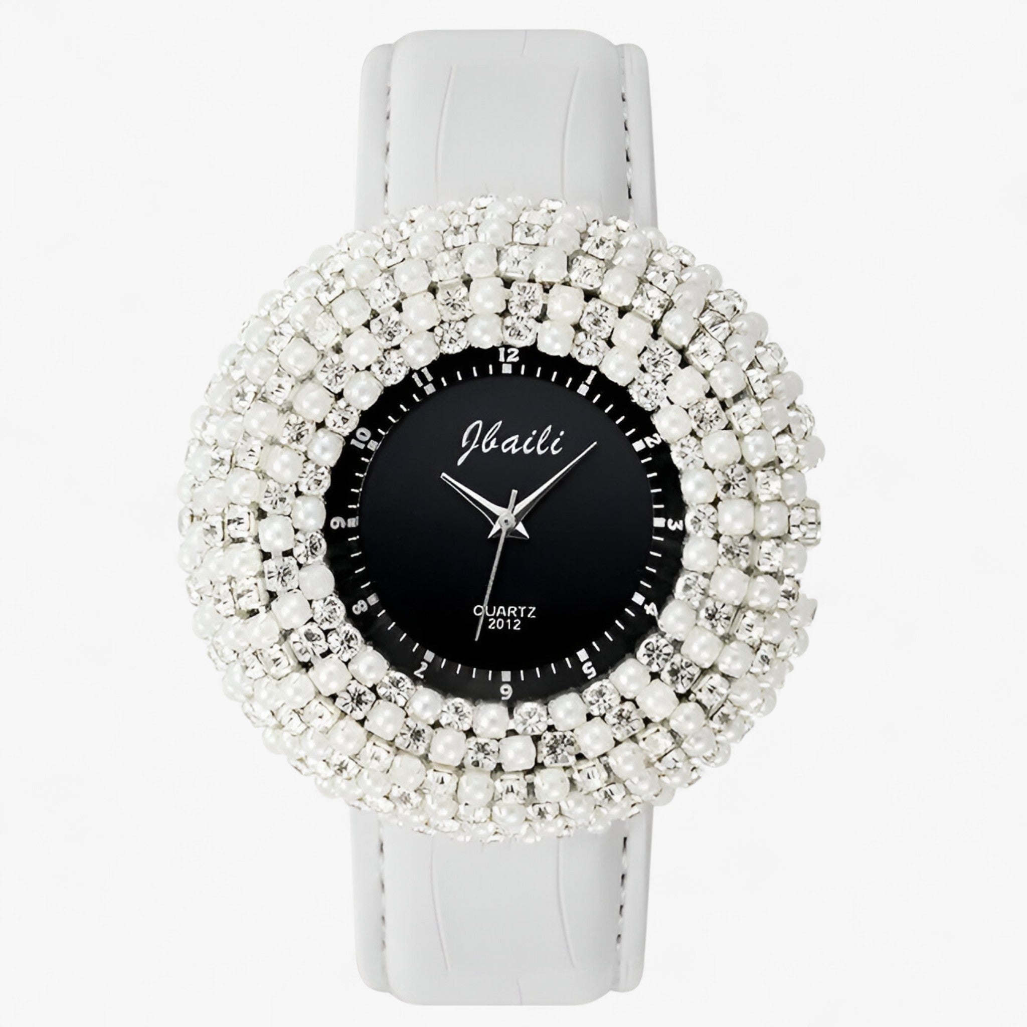 Joanna | Læderur med sort urskive og rhinsten - Hvid - watches - {{ product_tags }