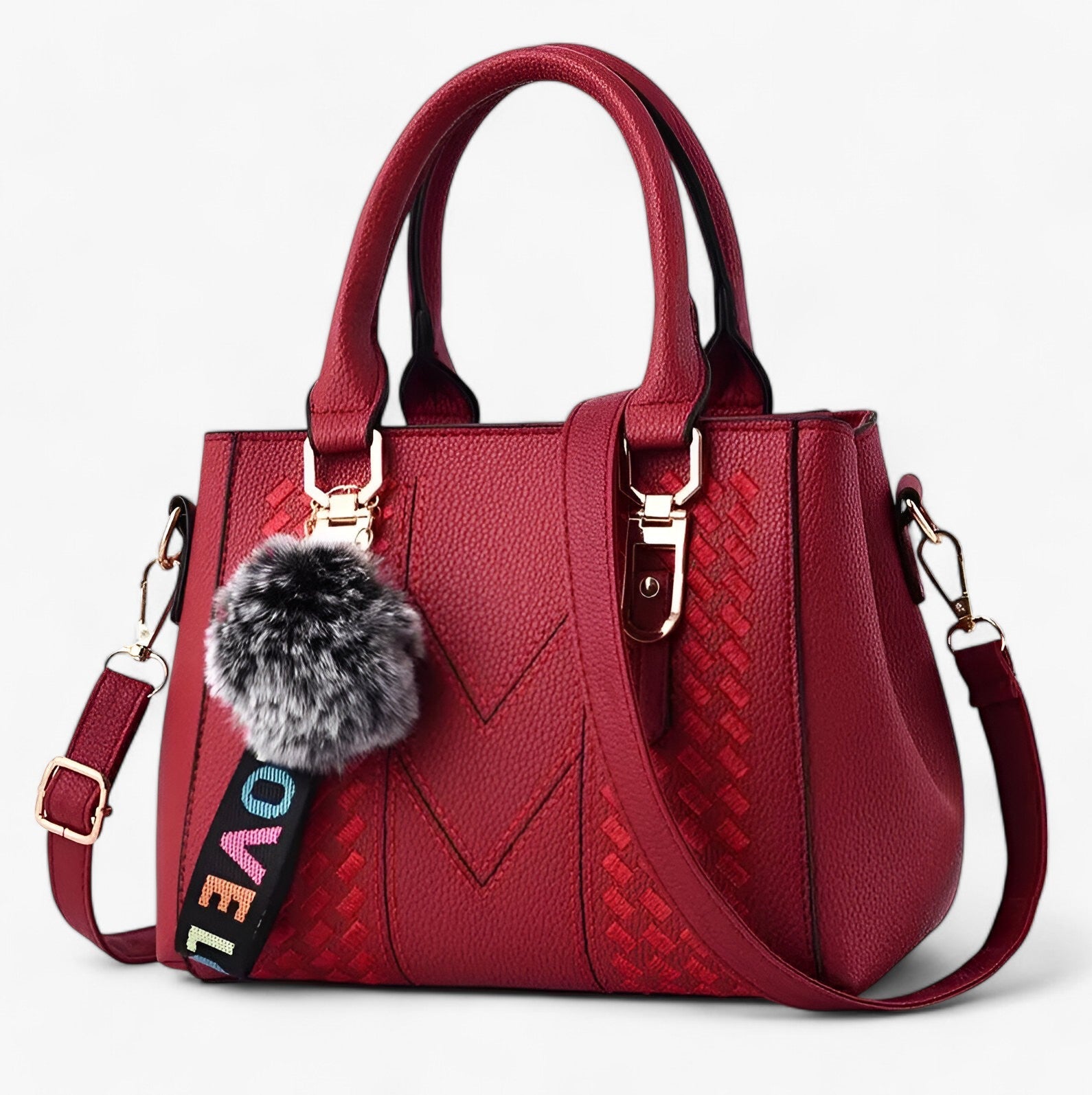 Lena | Stilfuld læder-messenger taske med blød pompon - vinrød - Lena | Stilfuld læder-messenger taske med blød pompon- €25 - {{ product_tags }