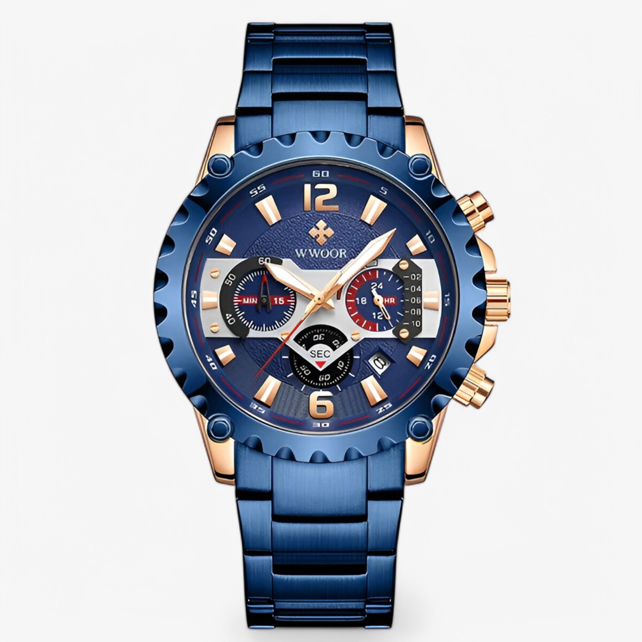 Cleo | Luksus chronograafhorloge van roestvrij staal - blå rose - watches - {{ product_tags }