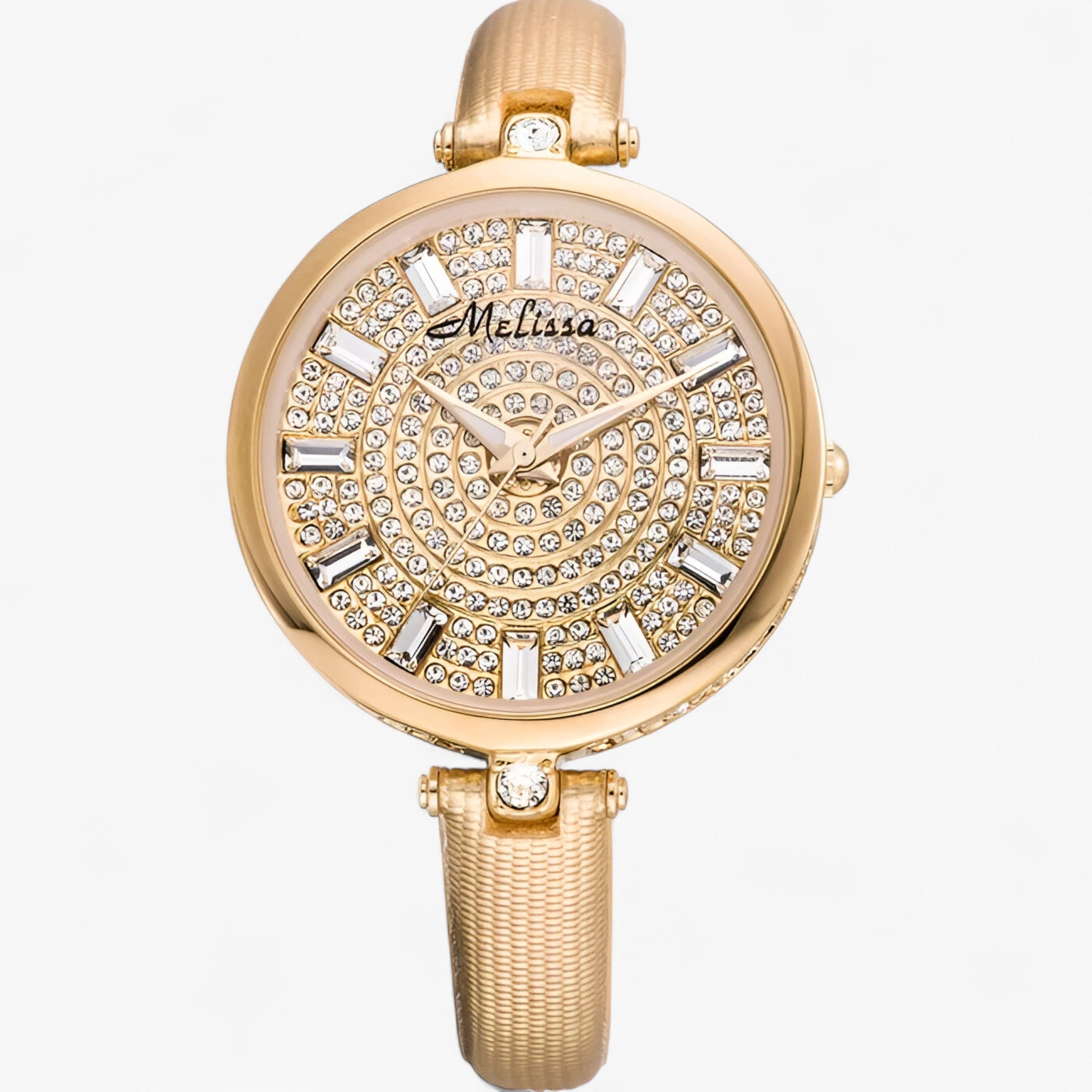 Melissa | Luksus quartz ur med læderrem og krystaller - Guld - watches - {{ product_tags }