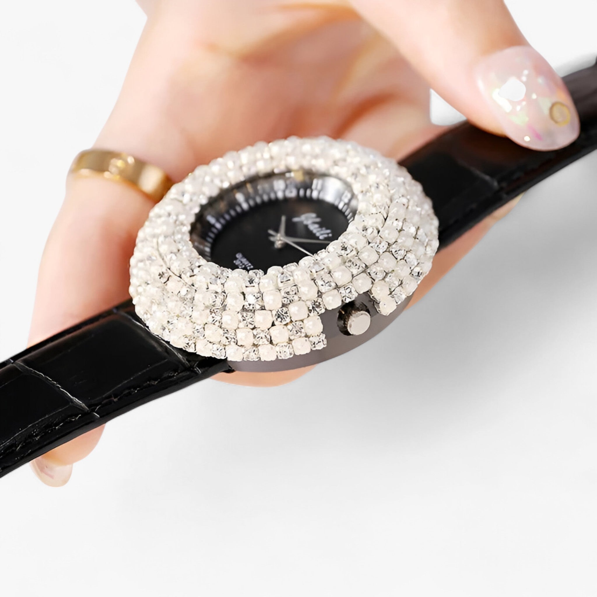 Joanna | Læderur med sort urskive og rhinsten - - watches - {{ product_tags }