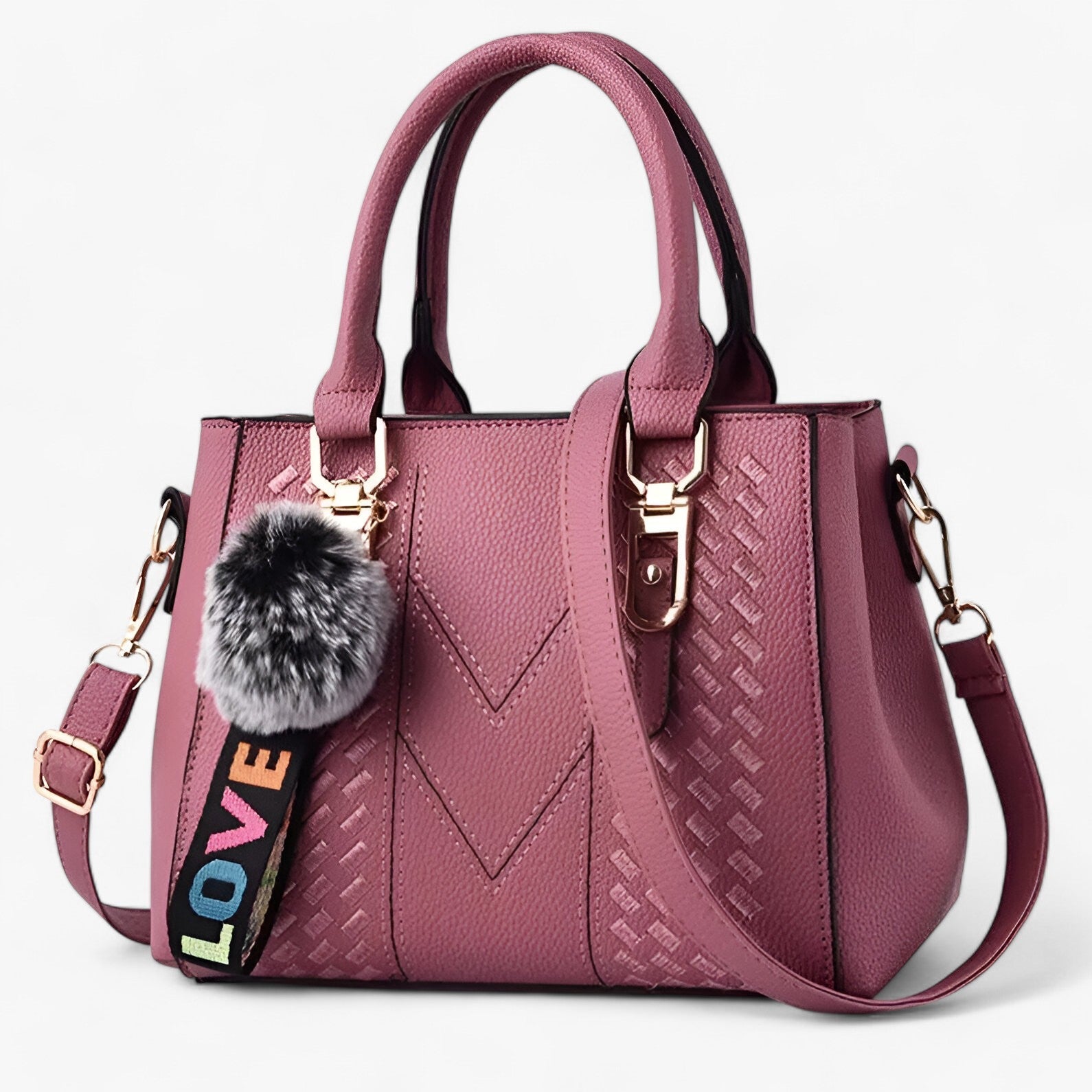 Lena | Stilfuld læder-messenger taske med blød pompon - mørkerosa - Lena | Stilfuld læder-messenger taske med blød pompon- €25 - {{ product_tags }