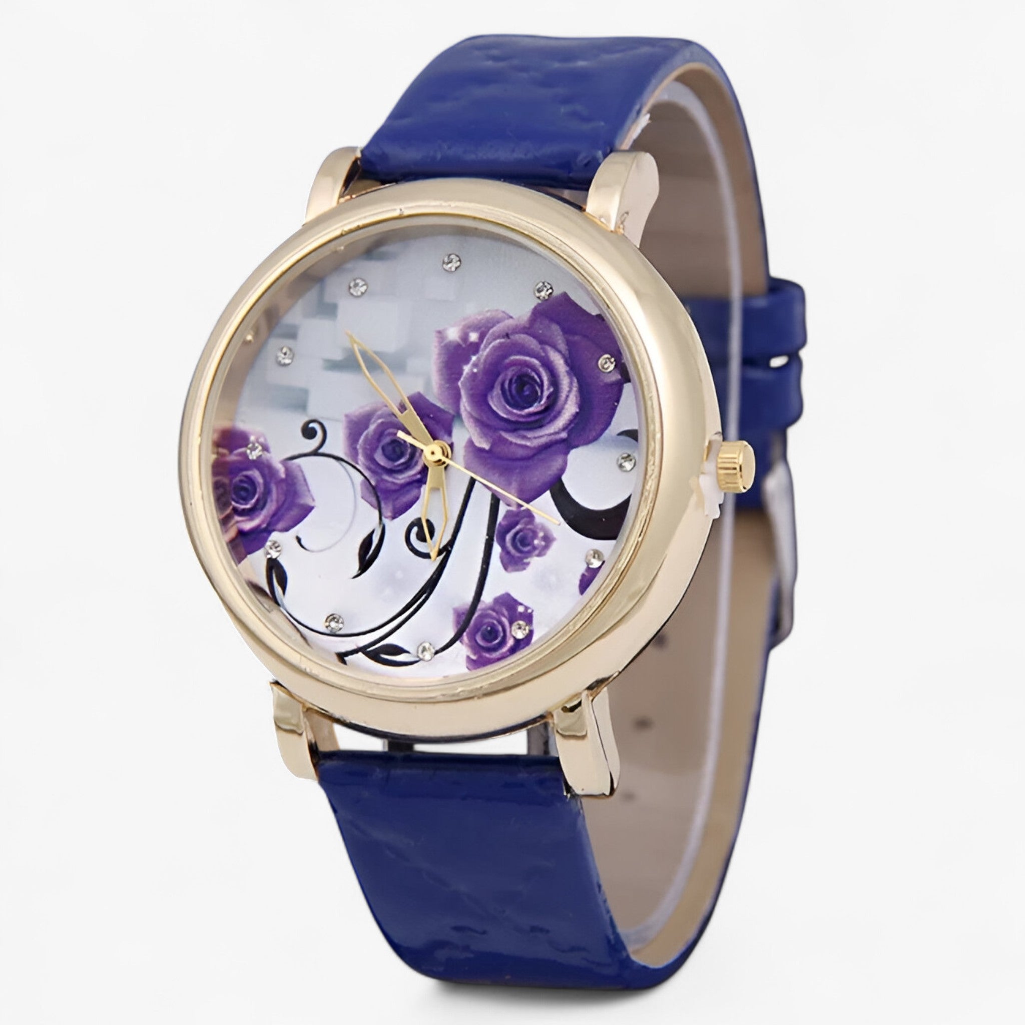 Zelda | Elegant quartz ur med blomstret læderrem - Blauw - watches - {{ product_tags }