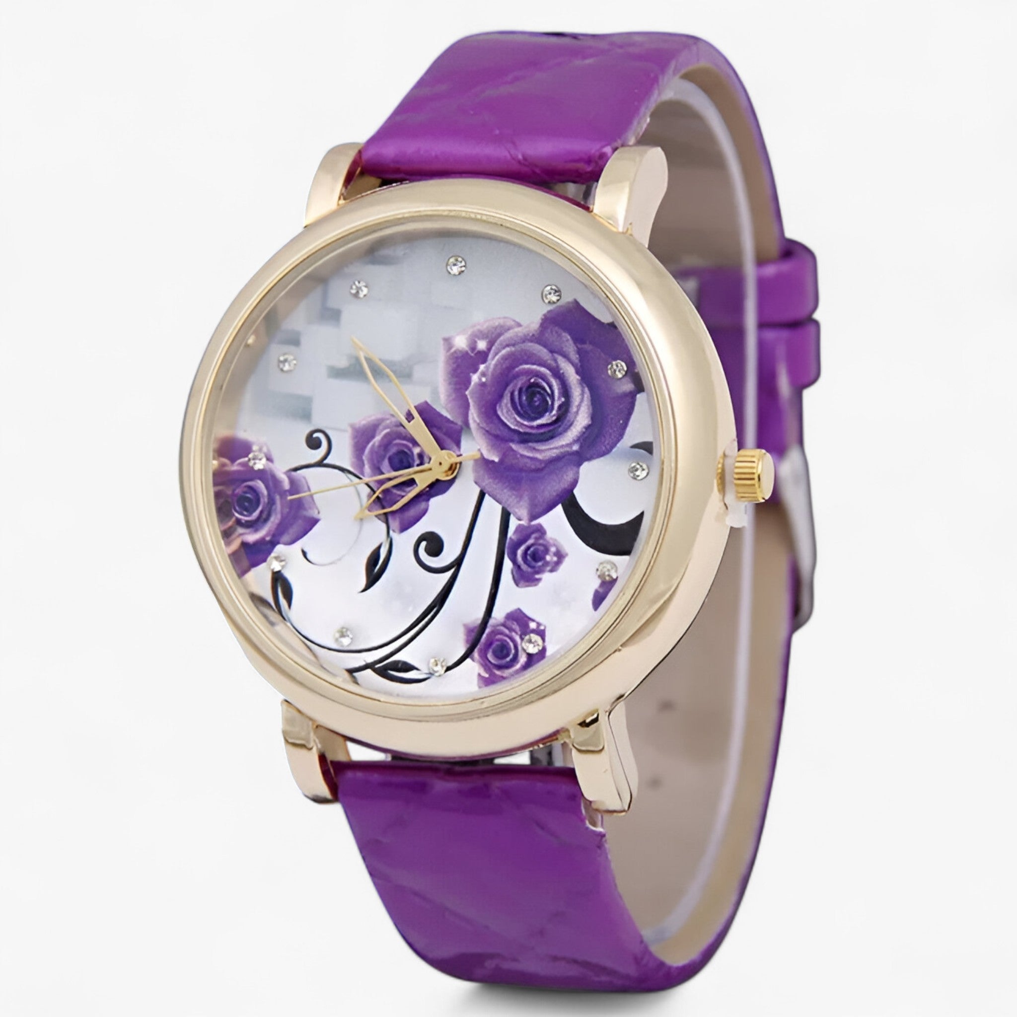 Zelda | Elegant quartz ur med blomstret læderrem - PAARS - watches - {{ product_tags }