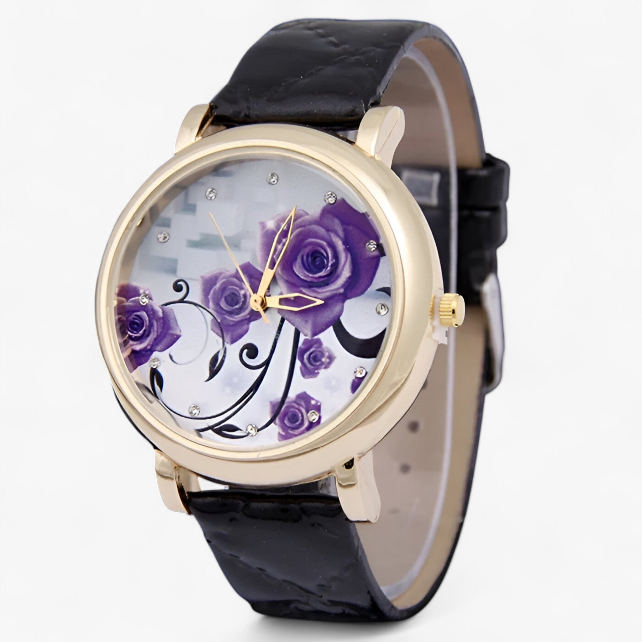 Zelda | Elegant quartz ur med blomstret læderrem - zwart - watches - {{ product_tags }