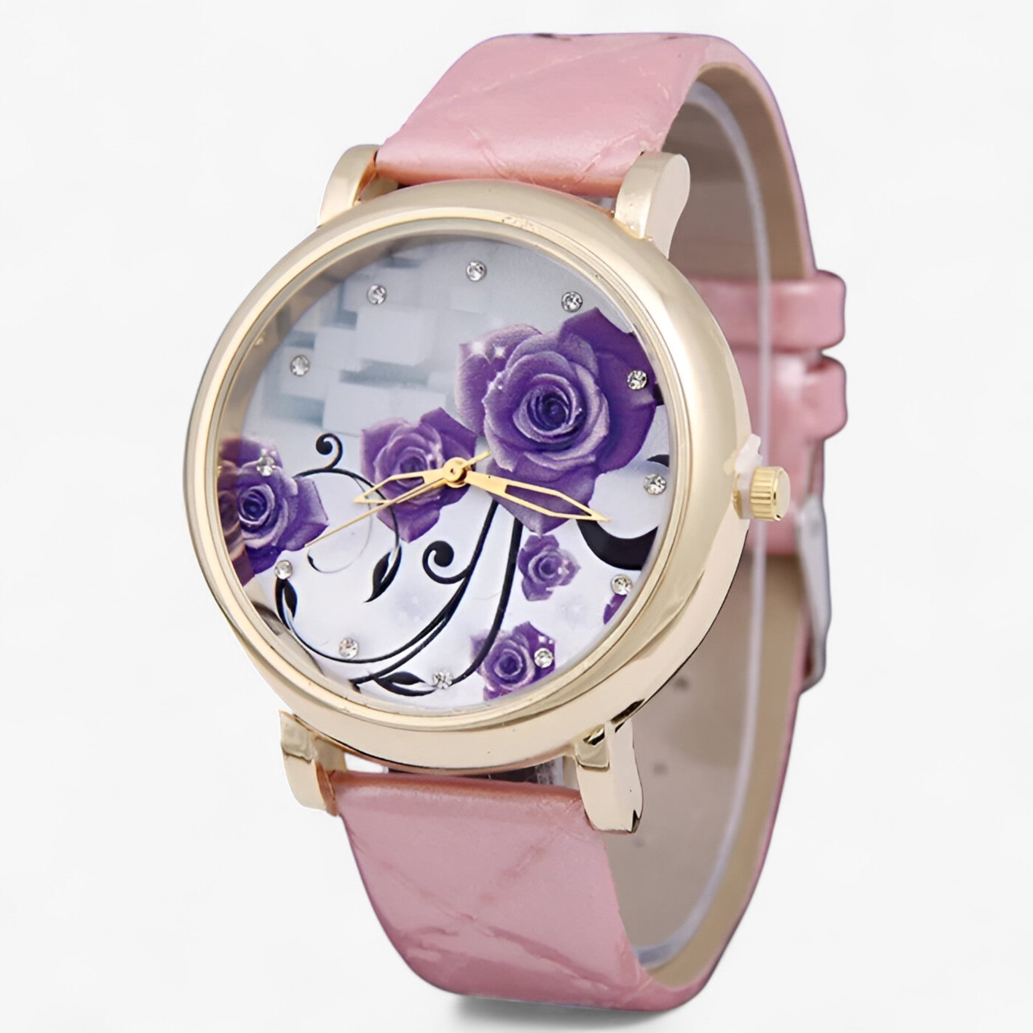 Zelda | Elegant quartz ur med blomstret læderrem - Roze 1 - watches - {{ product_tags }