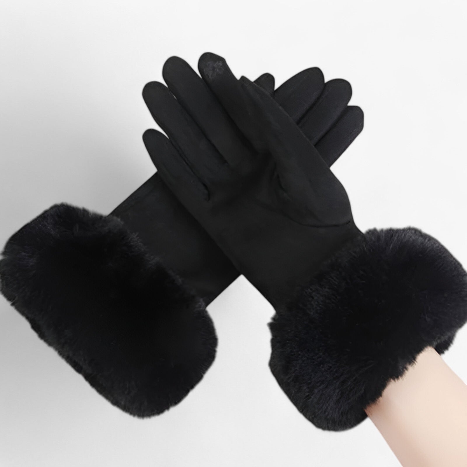 Helena | Varme Suede Touchscreen Handsker med imiteret pels - Sort Én størrelse - winter - {{ product_tags }