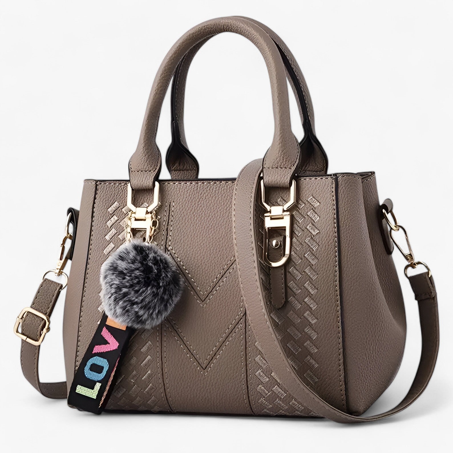 Lena | Stilfuld læder-messenger taske med blød pompon - khaki - Lena | Stilfuld læder-messenger taske med blød pompon- €25 - {{ product_tags }