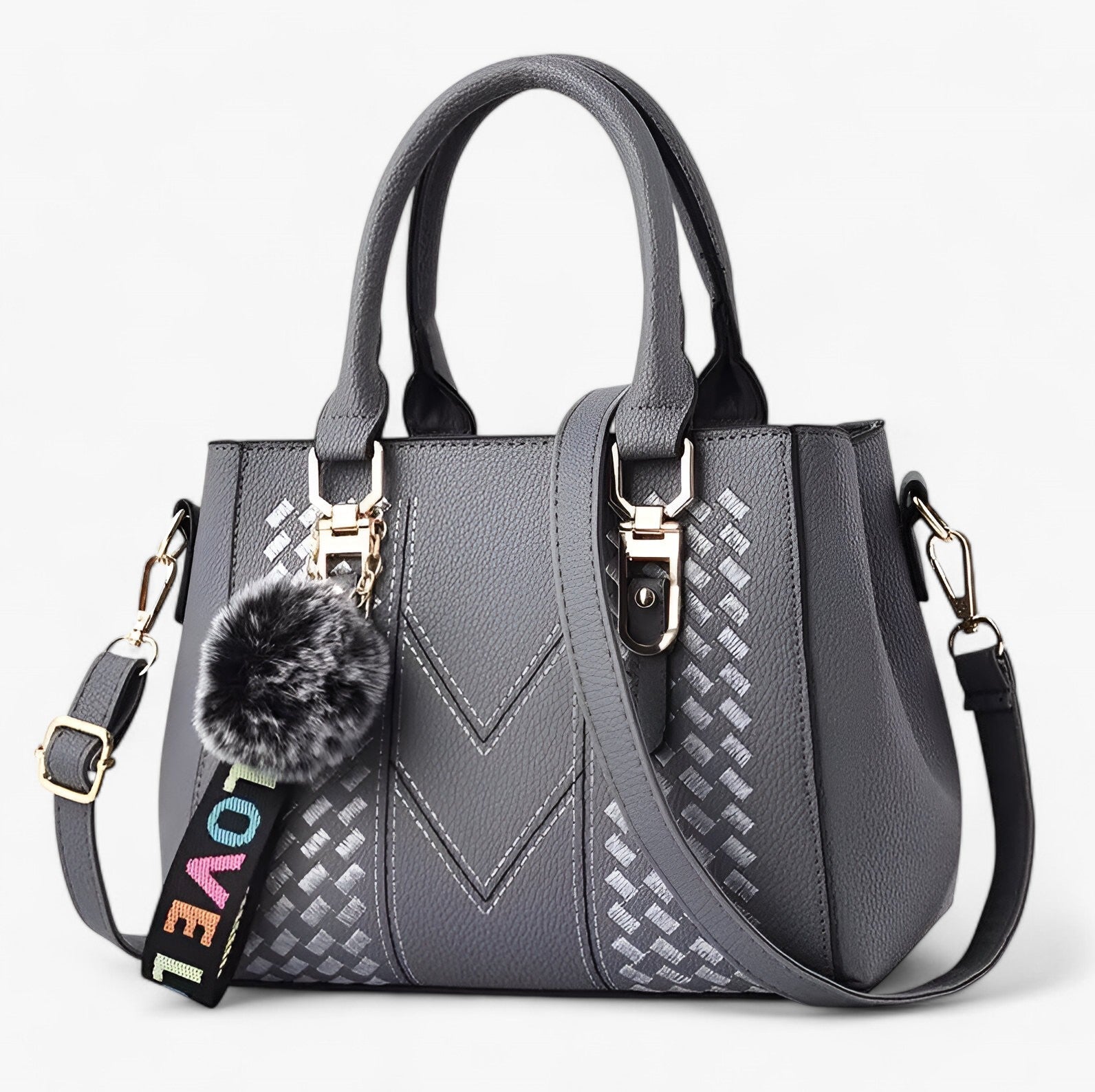 Lena | Stilfuld læder-messenger taske med blød pompon - Grå - bags - {{ product_tags }