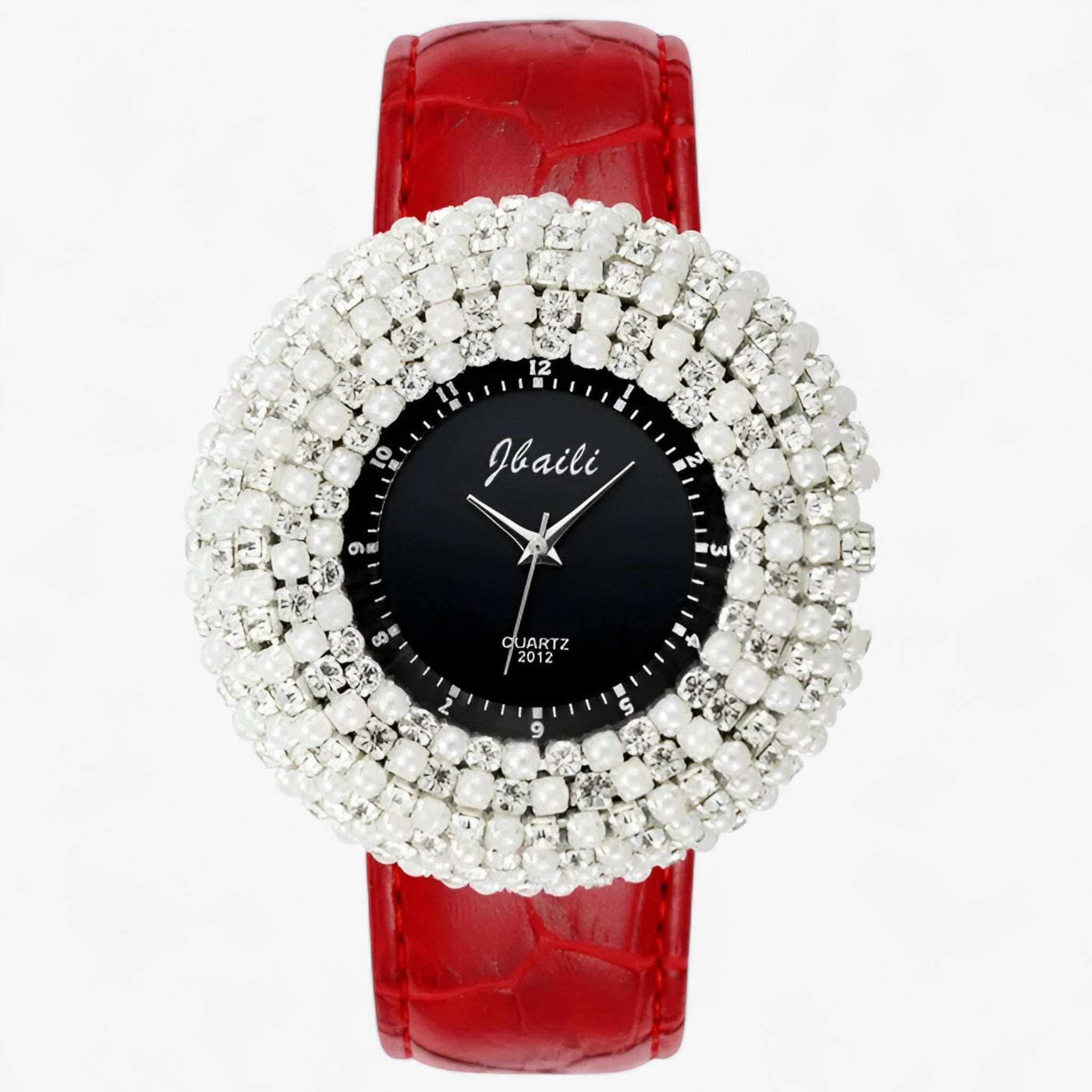 Joanna | Læderur med sort urskive og rhinsten - Rød - watches - {{ product_tags }