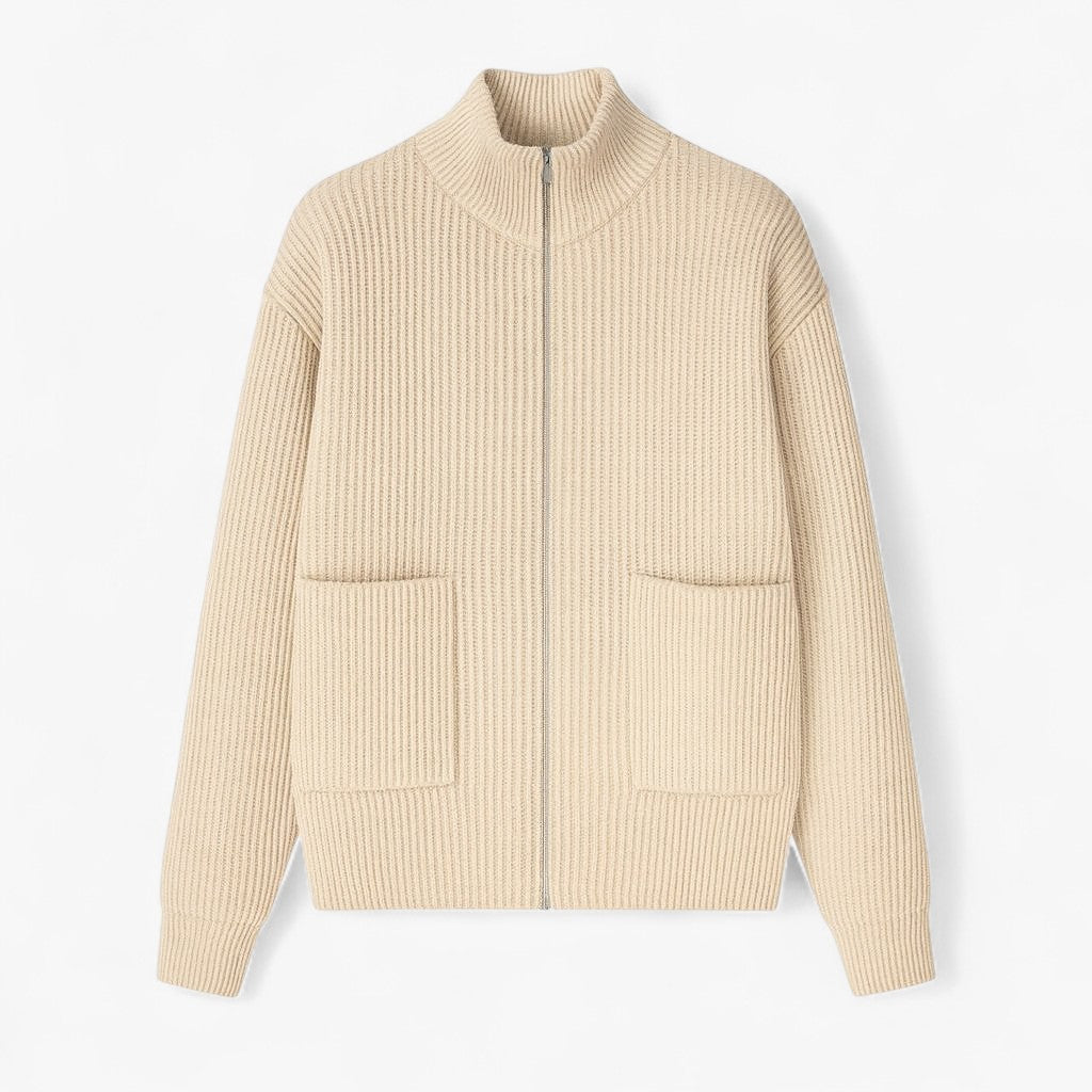 Luca | Herre Striktrøje med Fuld Lynlås - Khaki - Herresweatre - {{ product_tags }