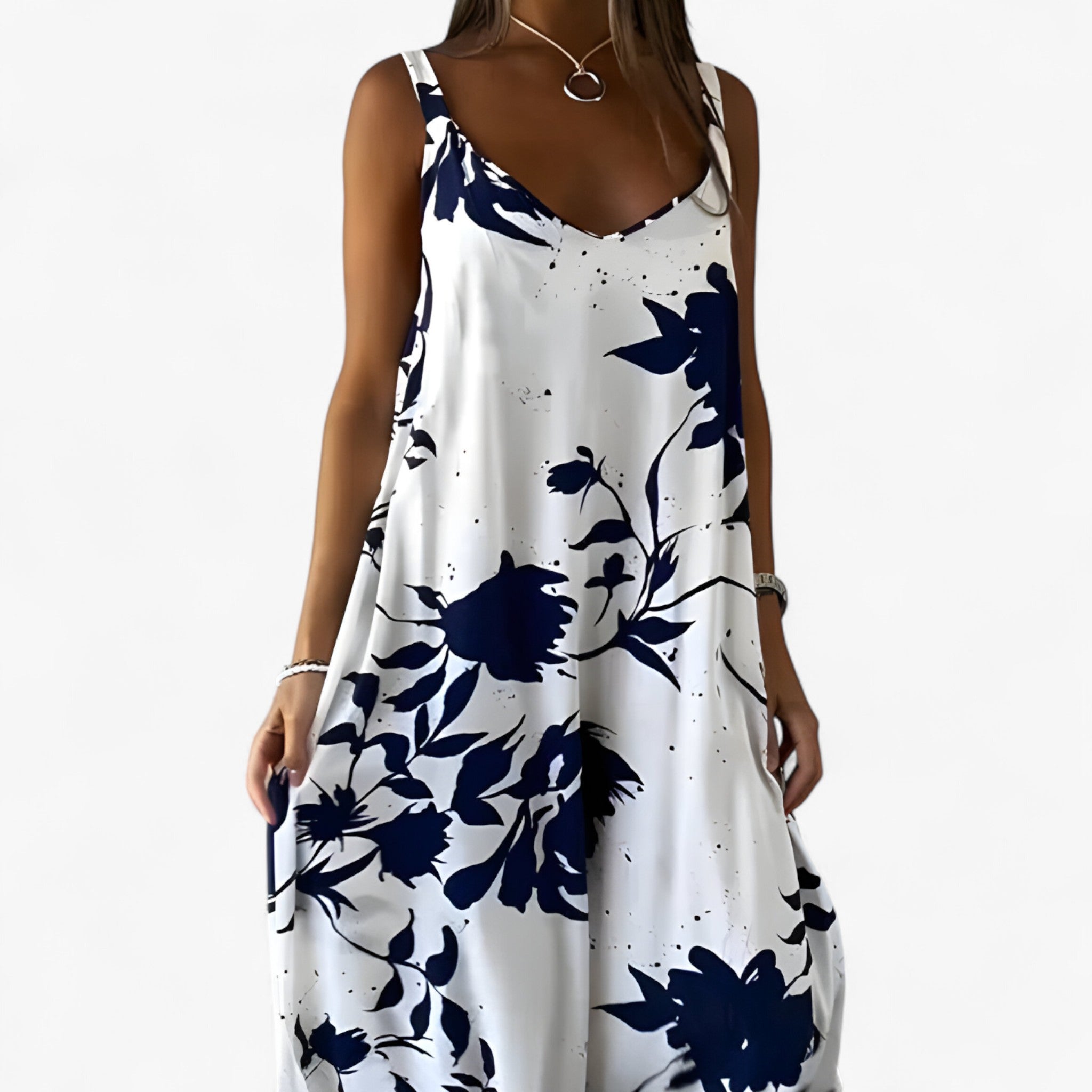 Daniela | Kvinders Bomuld Blomster Maxi Kjole - Hvid - Maxi Kjoler - {{ product_tags }