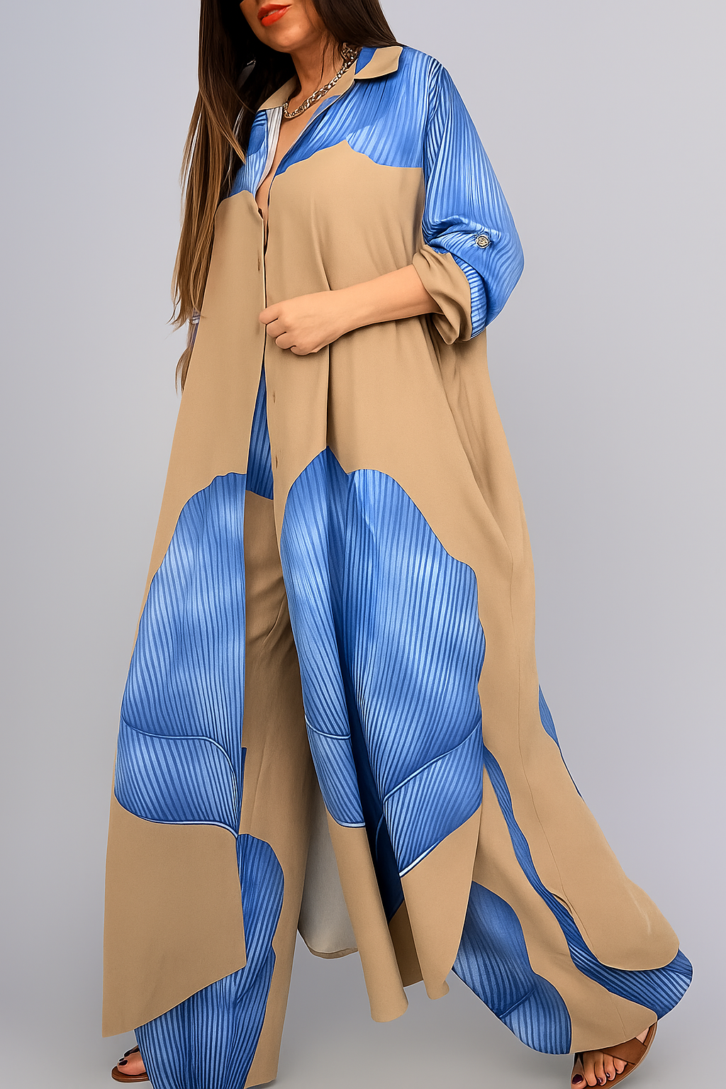 Amelia | Kvinders Elegant Sæt med Skjorte og Bukser - Blå-Khaki - Kvinders tøj - {{ product_tags }