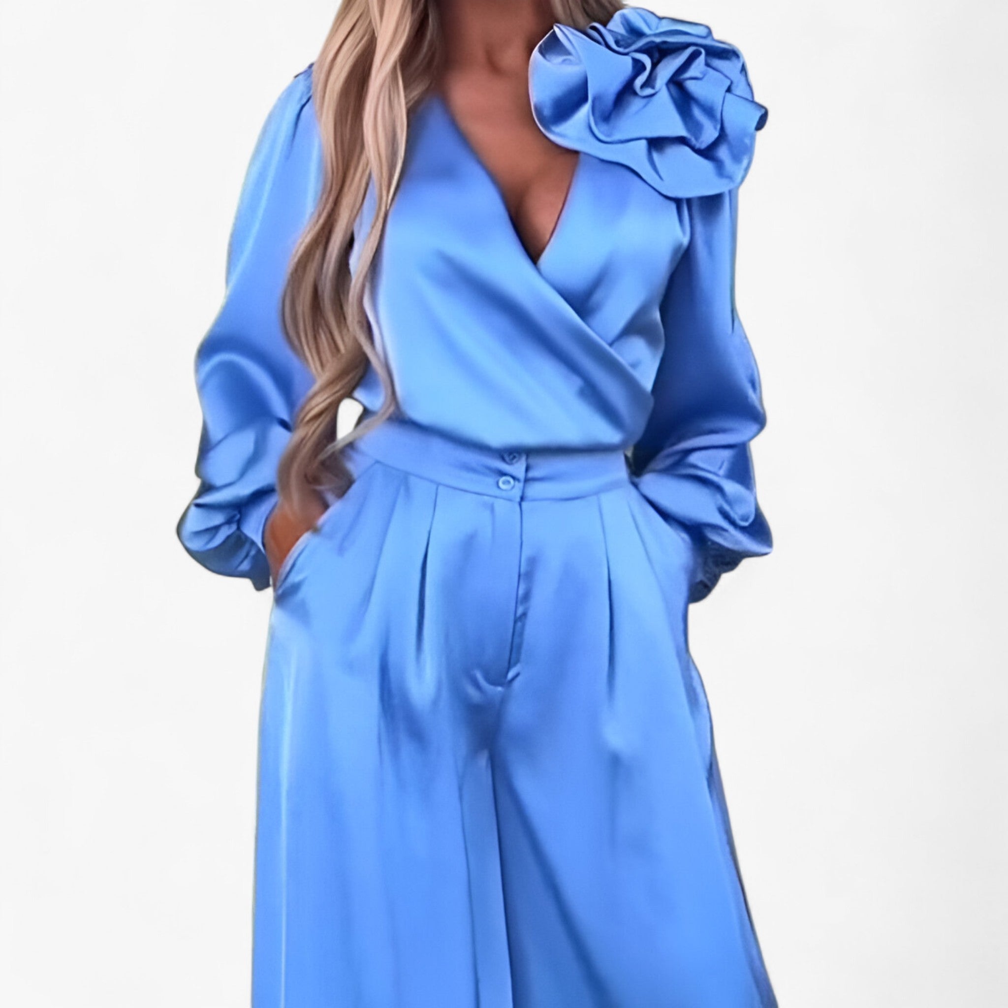 Leona | Kvinders Polyester Sæt med V-hals og Brede Bukser - - Kvinders tøj - {{ product_tags }