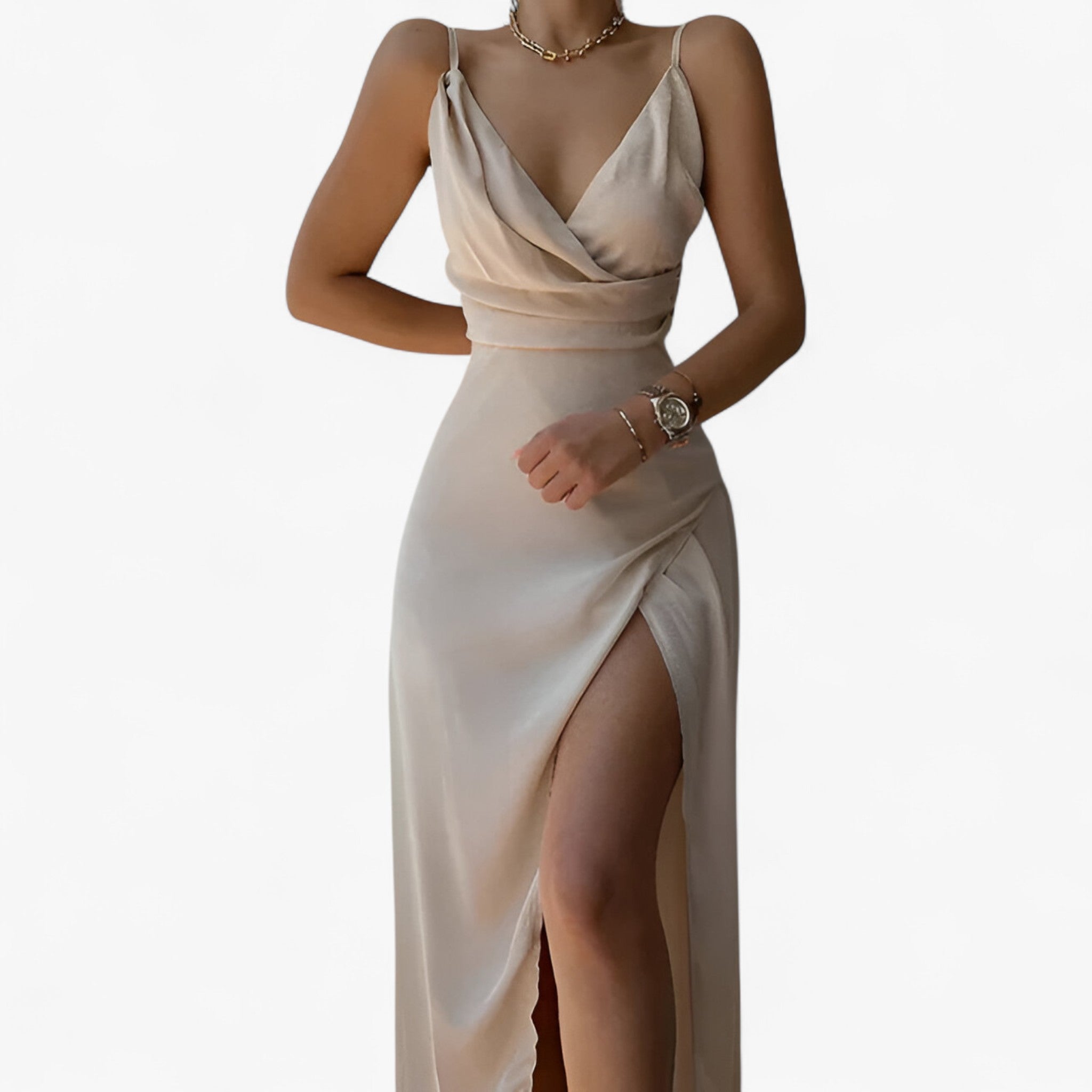 Katia | Kvinders Satin Maxi Kjole - Beige - Kvinders Kjoler - {{ product_tags }