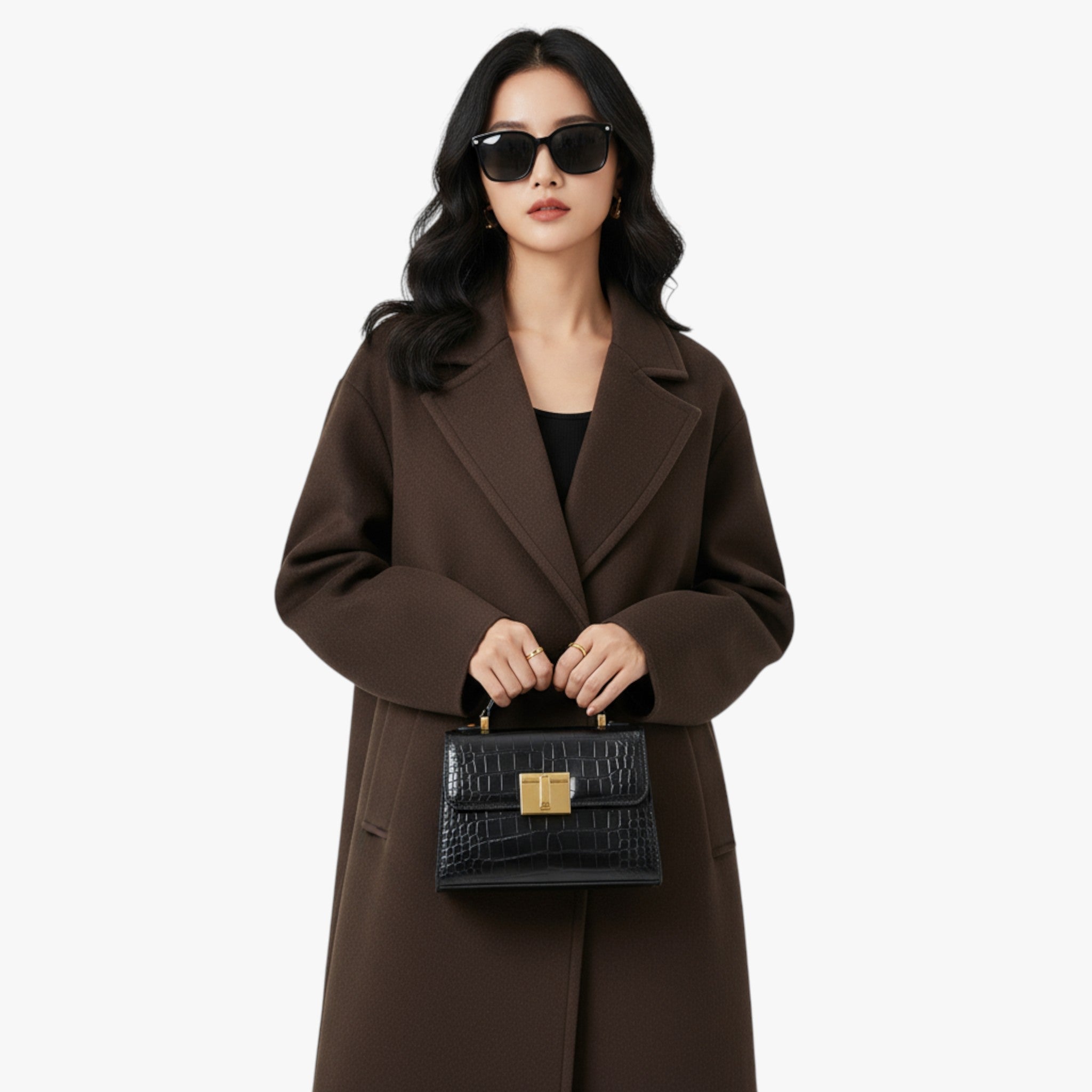 Angela | Lang Uldfrakke Dame Sort Elegant - - Kvinders frakker og jakker - {{ product_tags }