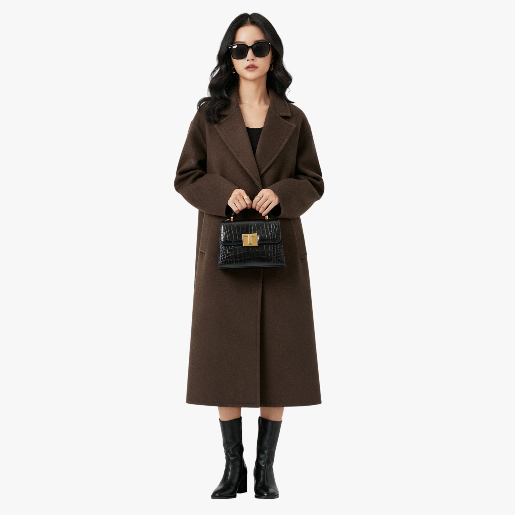 Angela | Lang Uldfrakke Dame Sort Elegant - - Kvinders frakker og jakker - {{ product_tags }